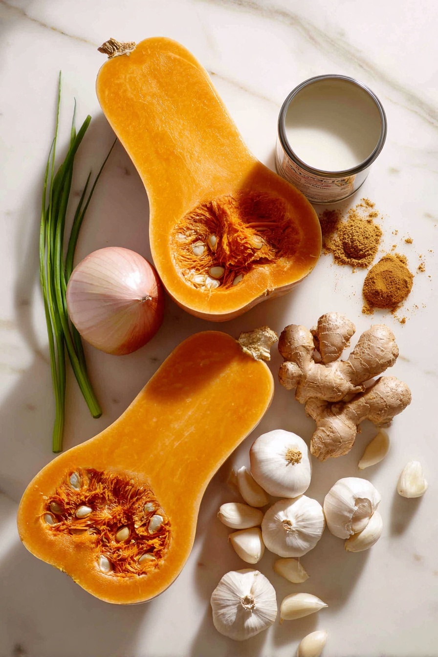 Vegan Butternut Squash Soup, vegan soup, creamy butternut squash soup, plant-based butternut squash recipe, healthy vegan pumpkin soup - Flat lay of a large vibrant orange butternut squash cut in half showing smooth flesh and seeds, a small sweet onion with pale purple layers, several cloves of glossy white garlic, a small pile of light brown ground nutmeg powder, a heap of warm golden ground ginger powder, a few shiny maple syrup droplets glistening, fresh green sprigs of ginger root with textured skin, and a small open can of creamy white coconut milk, all beautifully arranged with natural spacing and gentle shadows, placed on white marbled surface, photo taken with an iphone --ar 2:3 --v 7