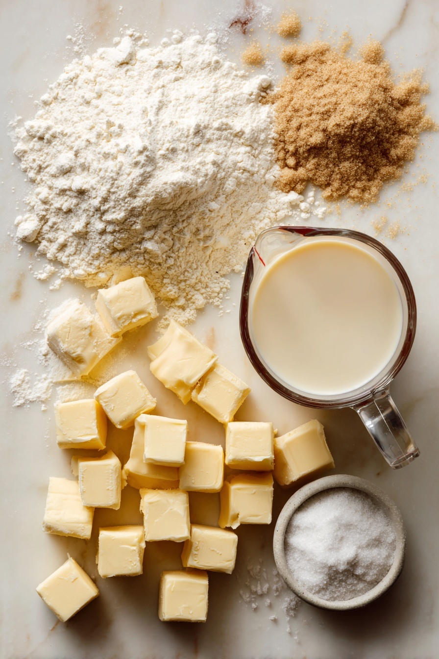 Southern-Style Vegan Buttermilk Biscuits, vegan biscuit recipe, fluffy vegan biscuits, plant-based biscuits, vegan Southern biscuits - Flat lay of cold pale yellow vegan butter cut into small cubes, a glass measuring cup filled with creamy off-white soy milk mixed with golden apple cider vinegar, a neat pile of fine white all-purpose flour, a small heap of light brown granulated sugar, scattered white baking powder, a few pinches of fine white salt crystals, all arranged naturally with some flour dust lightly spread around, placed on white marbled surface, photo taken with an iphone --ar 2:3 --v 7