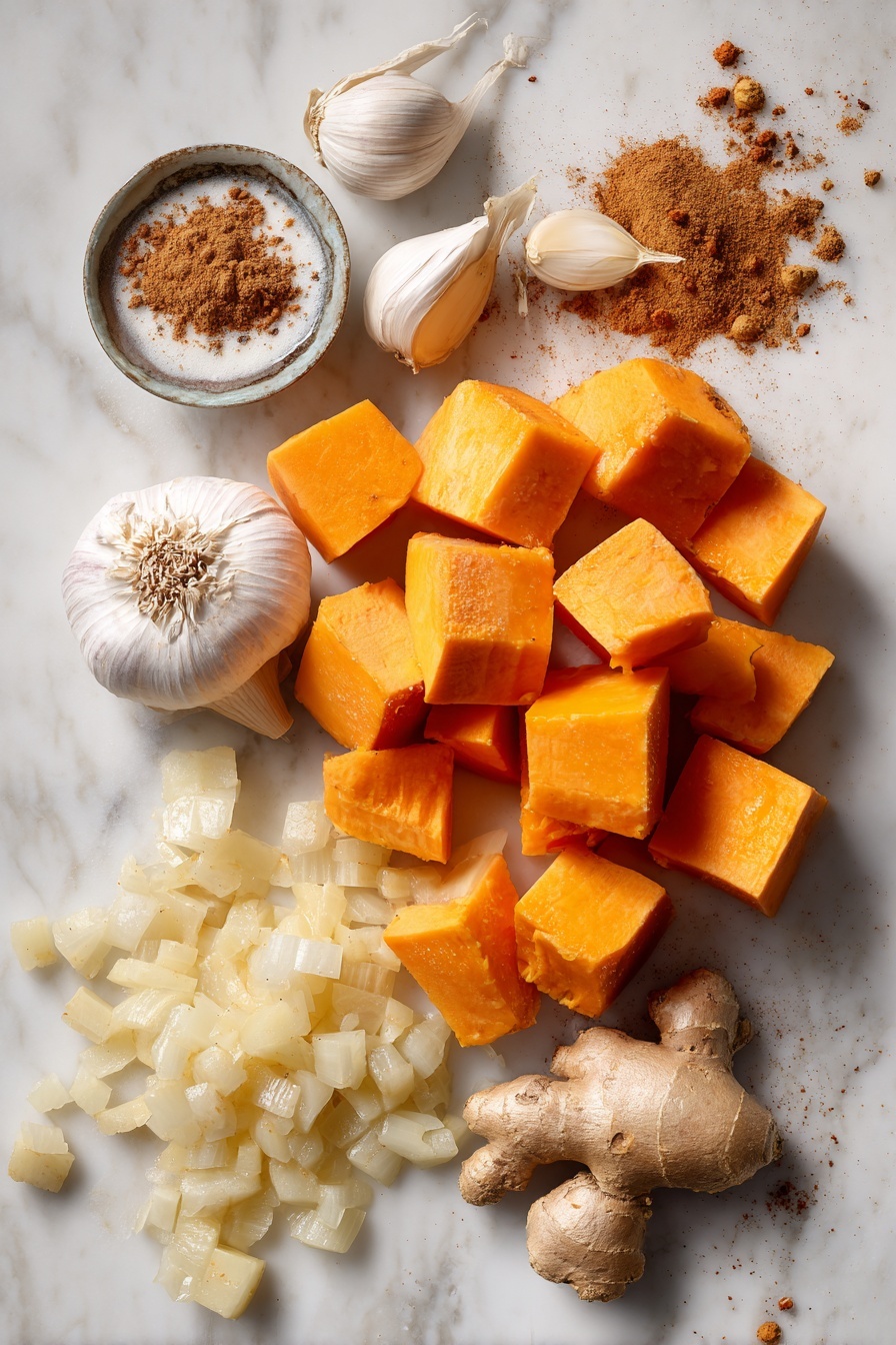 Butternut Squash and Sweet Potato Soup, comforting fall soup, healthy vegetable soup, creamy roasted vegetable soup, easy fall soup recipes - Flat lay of vibrant cubed butternut squash with its warm orange color and smooth texture, bright orange peeled sweet potato chunks, a cluster of shiny golden sweet onions diced, several cloves of plump garlic with papery white skins, fresh pale beige ginger root with knobby texture, small heap of ground cinnamon and nutmeg powders showing soft brown hues, and a small swirl of creamy white coconut milk, all naturally arranged with some scattered whole spices and fresh ginger slices for contrast, placed on white marbled surface, photo taken with an iphone --ar 2:3 --v 7