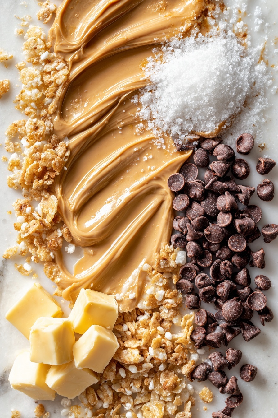 Vegan Chocolate Peanut Butter Balls, vegan chocolate treats, healthy vegan snacks, easy vegan desserts, no-bake vegan bites - Flat lay of creamy light brown peanut butter swirled softly beside smooth, pale yellow vegan butter chunks, fine white powdered sugar dusted gently near crispy golden Rice Krispies cereal clusters, shiny dark vegan chocolate chips scattered loosely with a glossy texture, and small glistening blobs of refined coconut oil gleaming softly, all beautifully arranged with balanced spacing and natural flow, placed on white marbled surface, photo taken with an iphone --ar 2:3 --v 7