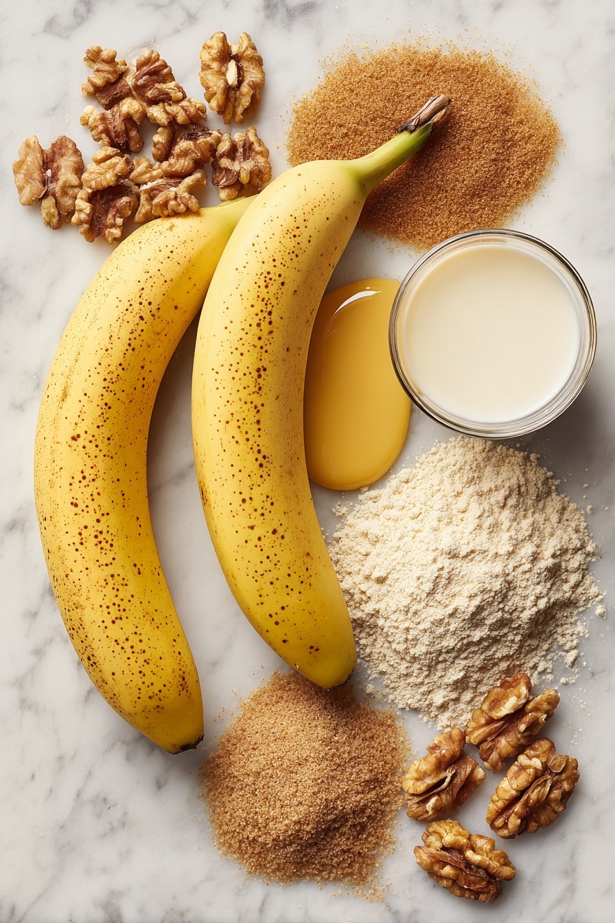 Best Vegan Banana Bread, vegan banana bread recipe, plant-based banana bread, moist banana bread, vegan baking recipes - Flat lay of two large ripe bananas with bright yellow skins and brown speckles, a small pile of rich brown chopped walnuts with textured surfaces, a mound of fine light brown granulated sugar, a smooth pool of golden melted vegan butter, a neat heap of light beige ground flaxseed powder, a small glass of creamy white almond milk, a scattering of warm tan all-purpose flour with soft powdery texture, and a sprinkle of fine brown fresh ground nutmeg, all naturally arranged with some ingredients slightly overlapping, placed on white marbled surface, photo taken with an iphone --ar 2:3 --v 7