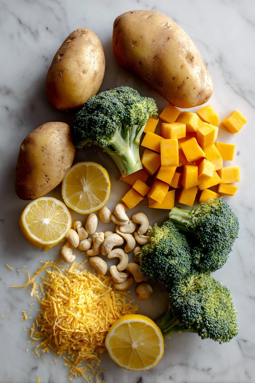 Vegan Cheesy Broccoli Twice Baked Potatoes, vegan stuffed baked potatoes, plant-based cheesy potato recipes, dairy-free broccoli potatoes, vegan comfort food ideas - Flat lay of large russet potatoes with their rough, light brown skins, vibrant green broccoli florets with delicate buds, bright orange butternut squash cubes with smooth edges, creamy raw cashews in a small pile showing their pale, curved shapes, golden yellow non-dairy cheddar cheese shreds with a slightly crumbly texture, fresh lemon wedges with bright yellow rinds and juicy interiors, and scattered nutritional yeast flakes that have a light, flaky texture, all beautifully arranged in a natural, slightly overlapping pattern placed on white marbled surface, photo taken with an iphone --ar 2:3 --v 7