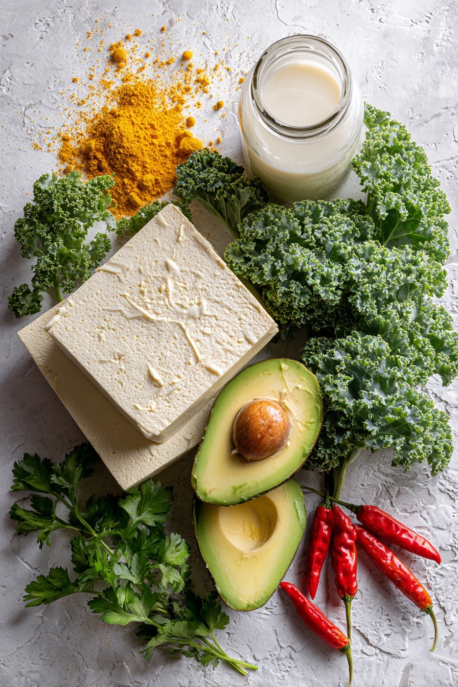 Tofu Scramble, vegan breakfast, healthy plant-based recipes, easy tofu scramble, flavorful vegan breakfast - Flat lay of a firm block of creamy white tofu, bright golden turmeric powder sprinkled nearby, vivid yellow nutritional yeast flakes, fresh green curly kale leaves, deep green parsley sprigs, a ripe avocado sliced to show its smooth pale green flesh, small clusters of red chili peppers, and a glass jar of milky white unsweetened non-dairy milk, all beautifully arranged with contrasting colors and textures in a natural, slightly scattered pattern, placed on white marbled surface, photo taken with an iphone --ar 2:3 --v 7
