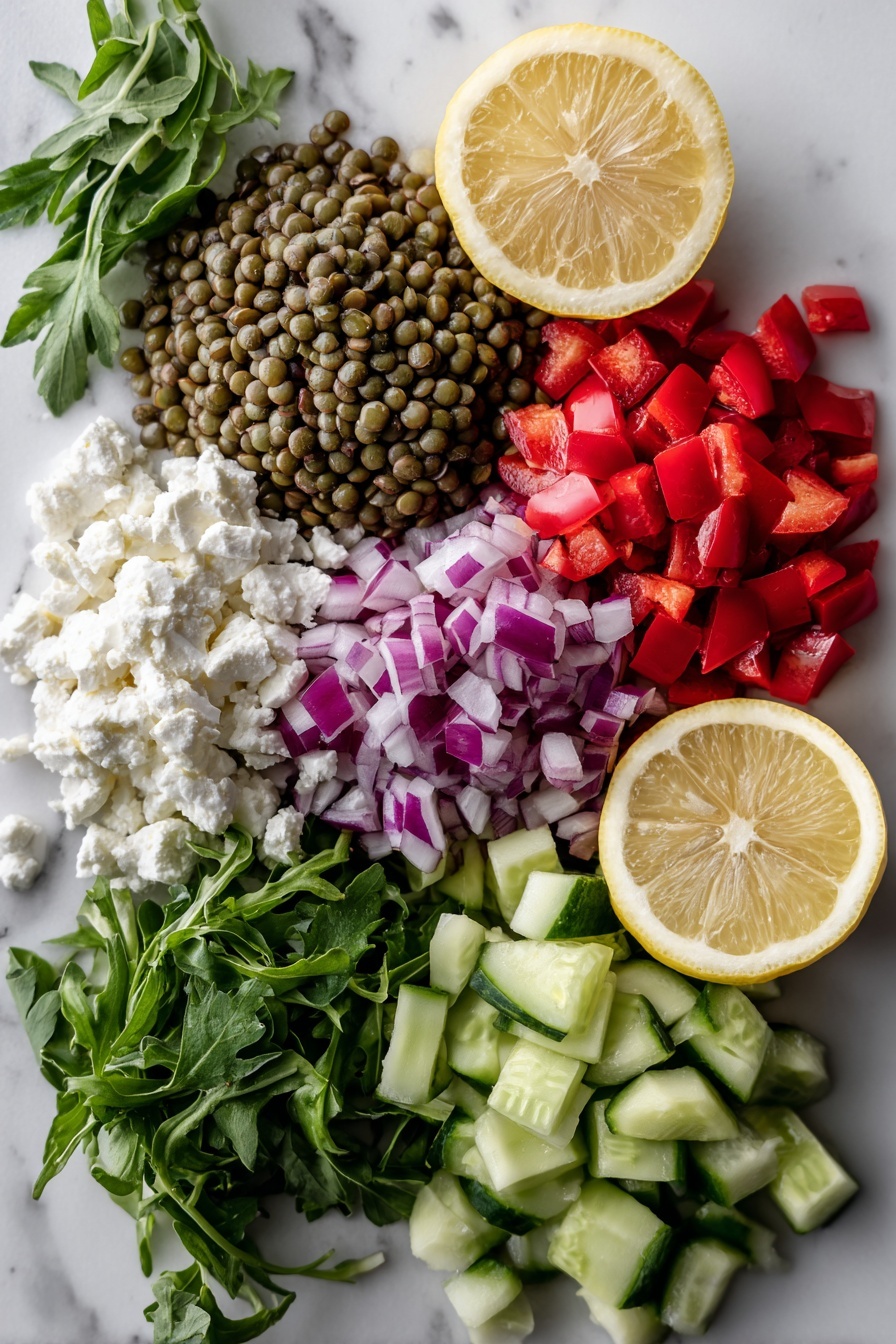 The Best Lentil Salad, healthy lentil salad, easy lentil salad, vegetarian lentil salad, fresh salad recipes - Flat lay of fresh green lentils with their small round shapes and muted earth tones, vibrant diced red bell pepper pieces with glossy red skin, crisp diced English cucumber showing pale green and white juicy flesh, small diced red onion chunks with deep purple hues and papery layers, bright green chopped parsley leaves with delicate textures, creamy white crumbled vegan feta cheese with crumbly texture, fresh arugula leaves with dark green jagged edges, and a whole lemon cut in half revealing bright yellow juicy segments, all beautifully arranged with natural spacing and balance, placed on white marbled surface, photo taken with an iphone --ar 2:3 --v 7