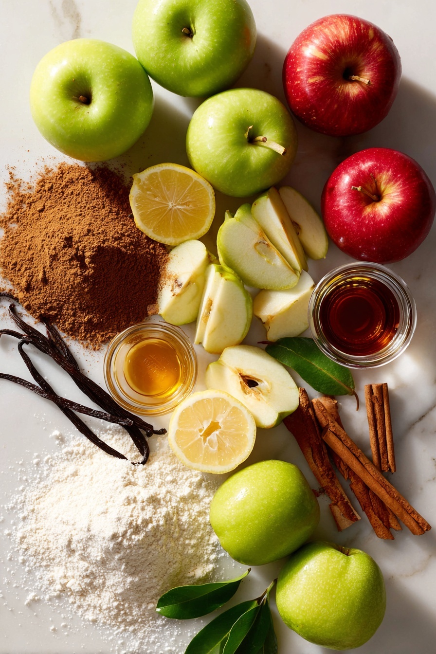 Perfect Vegan Apple Pie Recipe, vegan apple pie, dairy-free apple pie, best vegan dessert, easy vegan pie - Flat lay of a variety of fresh apples including bright green Granny Smiths and warm red Honeycrisps, some whole and some sliced to show their crisp texture, beside a small pile of golden vegan butter with a smooth, creamy look, a heap of ground cinnamon in rich brown powder form, scattered vanilla beans and a small glass jar of pure vanilla extract with a dark amber liquid inside, fresh lemon halves with bright yellow flesh and glossy green leaves, a neat mound of white granulated sugar sparkling softly in natural light, and a small pile of all-purpose flour with its fine, powdery texture, all beautifully arranged and contrasting on a clean white marbled surface, photo taken with an iphone --ar 2:3 --v 7