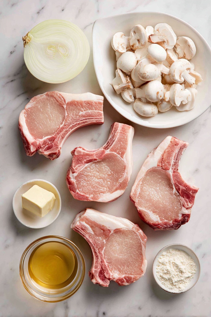 Easy Smothered Pork Chops, smothered pork chops with gravy, savory pork chop dinner, comforting pork chop recipes, easy pork chop recipe - Flat lay of four thick bone-in pork chops, a large halved white onion sliced, a handful of sliced white mushrooms, a small pat of butter, a few cloves of minced garlic, a drizzle of olive oil in a small dish, a small mound of all-purpose flour, and a clear glass with chicken broth, placed on a white marble surface, photo taken with an iphone --ar 2:3 --v 7