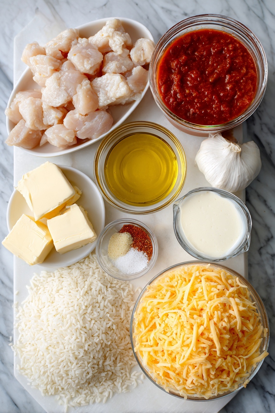 One Pot Queso Chicken and Rice, cheesy chicken and rice skillet, creamy chicken and rice dinner, easy cheesy chicken casserole, one pot cheesy chicken recipe - Flat lay of a small pile of cubed raw chicken breast, two tablespoons of golden olive oil in a small glass dish, a few pats of salted butter, one small diced yellow onion, a mound of long grain white rice, three peeled garlic cloves finely minced, a clear jar filled with red salsa, a small heap of ground cumin and chili powder, a small jug of creamy heavy cream, and two generous piles of shredded cheddar cheese, placed on a white marble surface, photo taken with an iphone --ar 2:3 --v 7