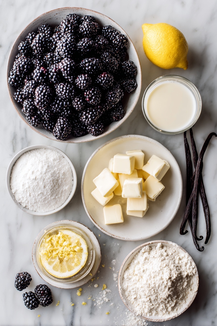 Old Fashioned Blackberry Cobbler, blackberry cobbler recipe, Southern blackberry dessert, berry cobbler with biscuit topping, easy blackberry cobbler - Flat lay of a large bowl overflowing with fresh blackberries, a lemon cut in half with zest sprinkled nearby, a small mound of white granulated sugar, a tiny bowl of cornstarch, a stick of cold butter diced into cubes, a small bowl of all-purpose flour next to powdered sugar dusted lightly around it, a glass of creamy half and half, and a few vanilla beans and baking powder scattered artistically, placed on a white marble surface, photo taken with an iphone --ar 2:3 --v 7