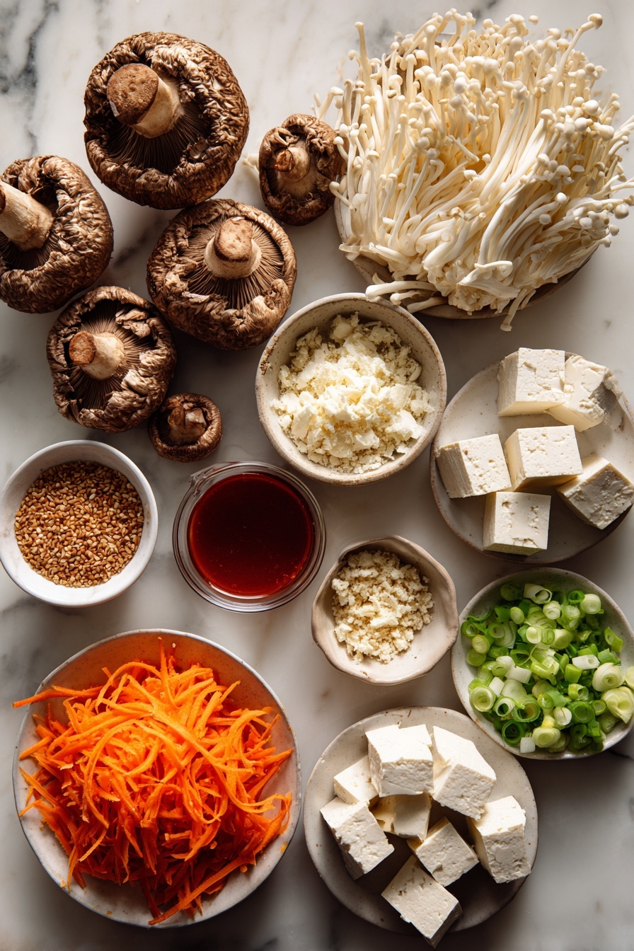 Vegan Ramen, Easy Vegan Ramen, Plant-Based Ramen, Quick Vegan Noodles, Vegan Soup Recipes - Flat lay of fresh shiitake mushrooms with their textured caps, bright orange shredded carrots in a neat pile, thinly sliced scallions showing their vibrant green and white layers, small mounds of finely grated ginger and minced garlic, scattered toasted sesame seeds sparkling, firm cubes of extra-firm tofu with a creamy white color, and a small bowl of deep red sriracha sauce, all beautifully arranged on a white marble surface, photo taken with an iphone --ar 2:3 --v 7