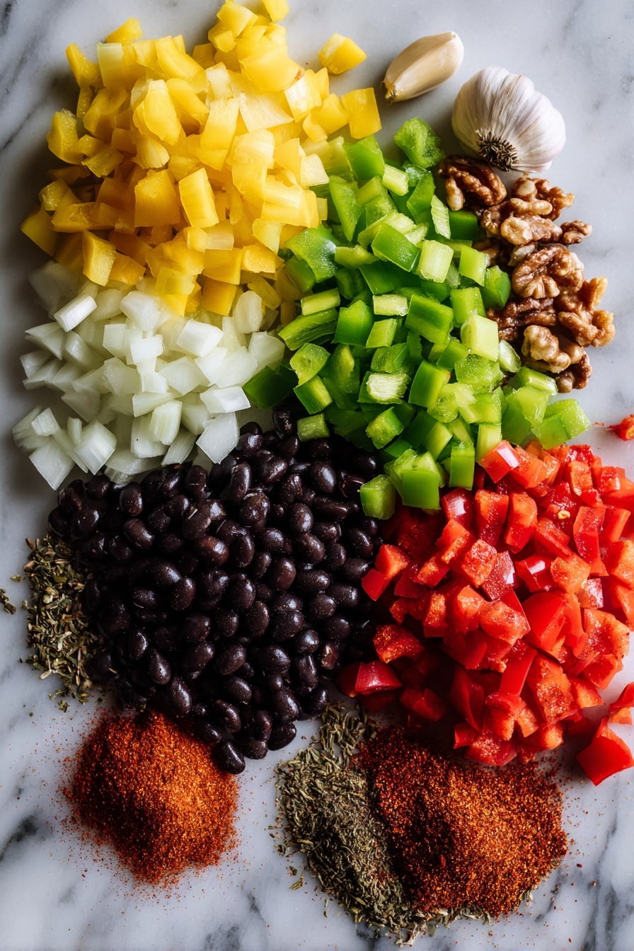 Lentil Chili, vegetarian chili recipe, vegan chili, healthy lentil stew, easy chili recipe - Flat lay of vibrant diced yellow onion, bright green bell pepper pieces, whole garlic cloves, deep red crushed tomatoes in a small pile, dry red lentils scattered, shiny black beans grouped together, rustic chopped walnuts, and a small heap of chili powder with cumin and smoked paprika mixed nearby, arranged beautifully on a white marble surface, photo taken with an iphone --ar 2:3 --v 7