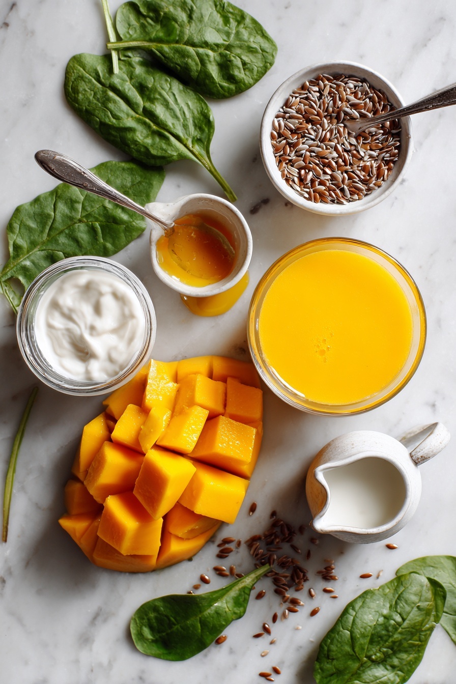 Creamy Mango Smoothie, tropical fruit smoothie, easy mango smoothie, healthy mango drinks, quick breakfast smoothies - Flat lay of bright orange frozen mango chunks, a small glass of vibrant orange juice, a dollop of creamy white coconut yogurt, smooth coconut milk in a small jug, a drizzle of golden agave syrup in a spoon, fresh green baby spinach leaves scattered around, and a handful of light brown flax seeds, all beautifully arranged on a white marble surface, photo taken with an iphone --ar 2:3 --v 7