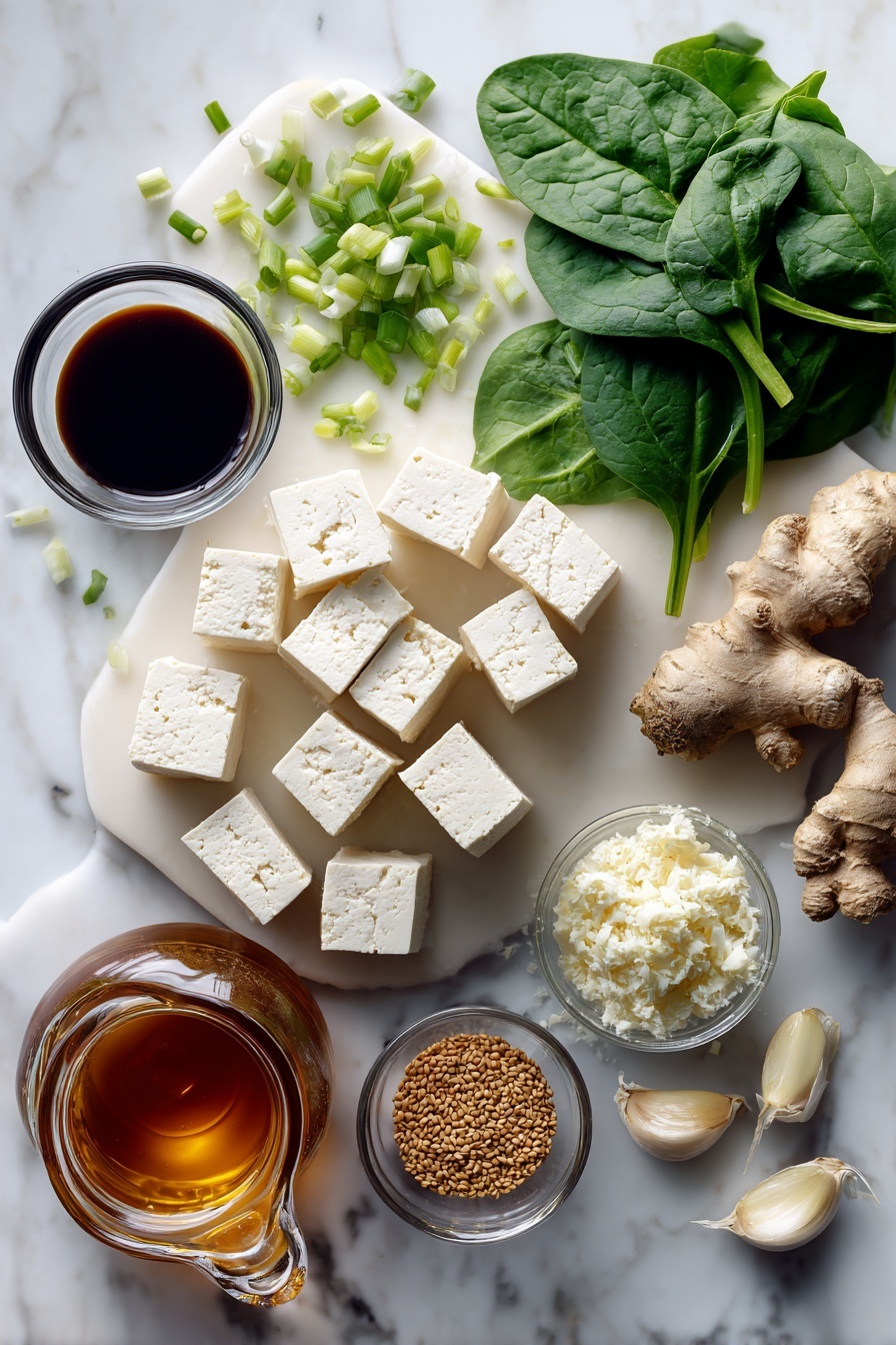 Quick One Pan Tofu Stir Fry, healthy tofu stir fry recipe, easy vegetarian dinner, quick weeknight stir fry, flavorful tofu stir fry - Flat lay of a block of extra-firm tofu cut into cubes, fresh green onions sliced into rings, vibrant baby spinach leaves, peeled garlic cloves, a small pile of fresh grated ginger, a small bowl of dark soy sauce, a glass container of amber maple syrup, and golden sesame seeds beautifully arranged in clusters, placed on a white marble surface, photo taken with an iphone --ar 2:3 --v 7