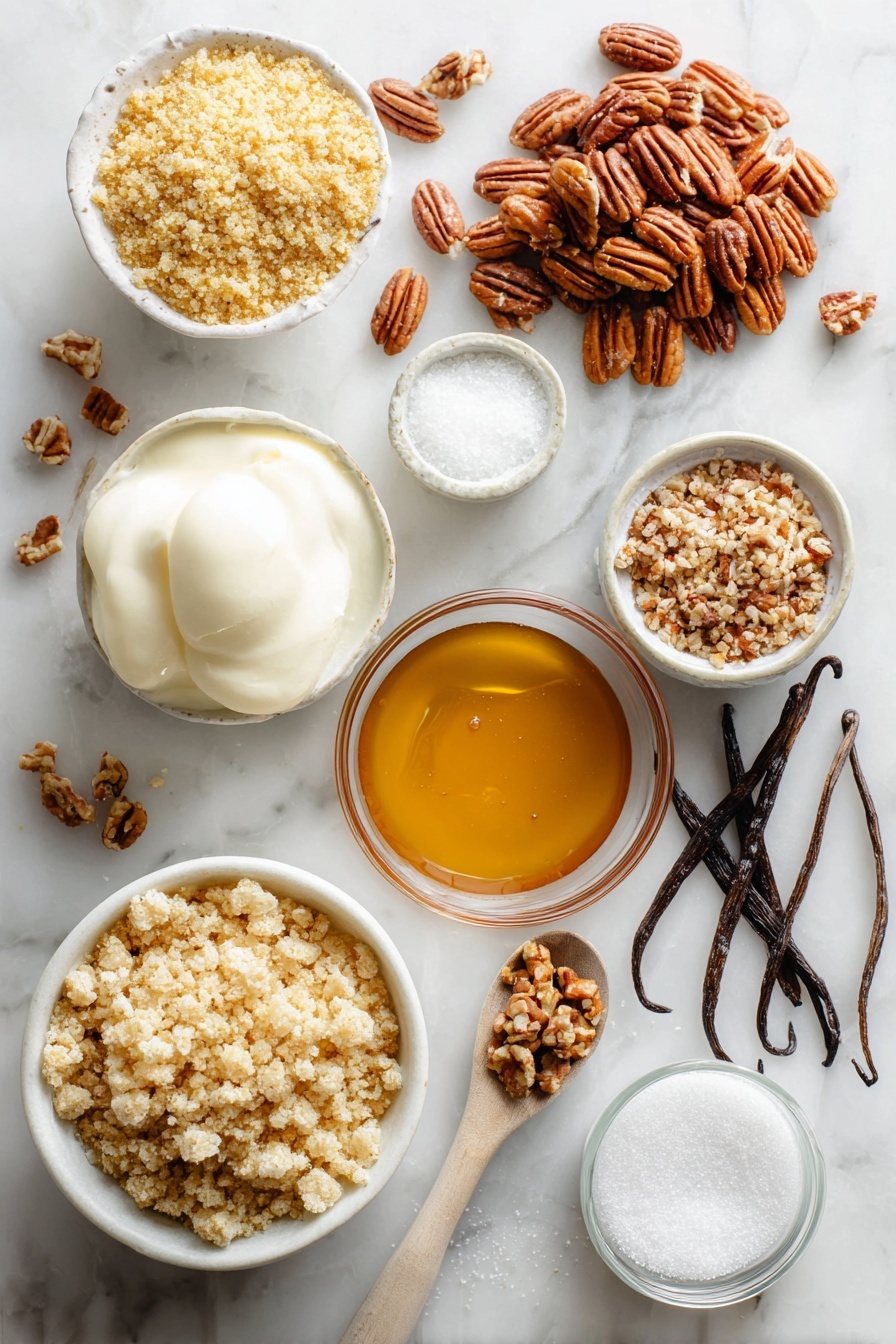 Angel Pecan Pie, light pecan pie, fluffy pecan pie, crunchy cracker crust pecan pie, festive pecan pie dessert - Flat lay of finely crushed golden butter crackers, whole and chopped glossy pecans, fresh egg whites in a soft peak form, smooth vanilla beans split open, rich and creamy heavy whipping cream, amber-colored real maple syrup in a small pool, scattered granulated white sugar crystals, and a sprinkle of baking powder, all beautifully arranged with natural light highlighting their textures and colors, placed on a white marble surface, photo taken with an iphone --ar 2:3 --v 7