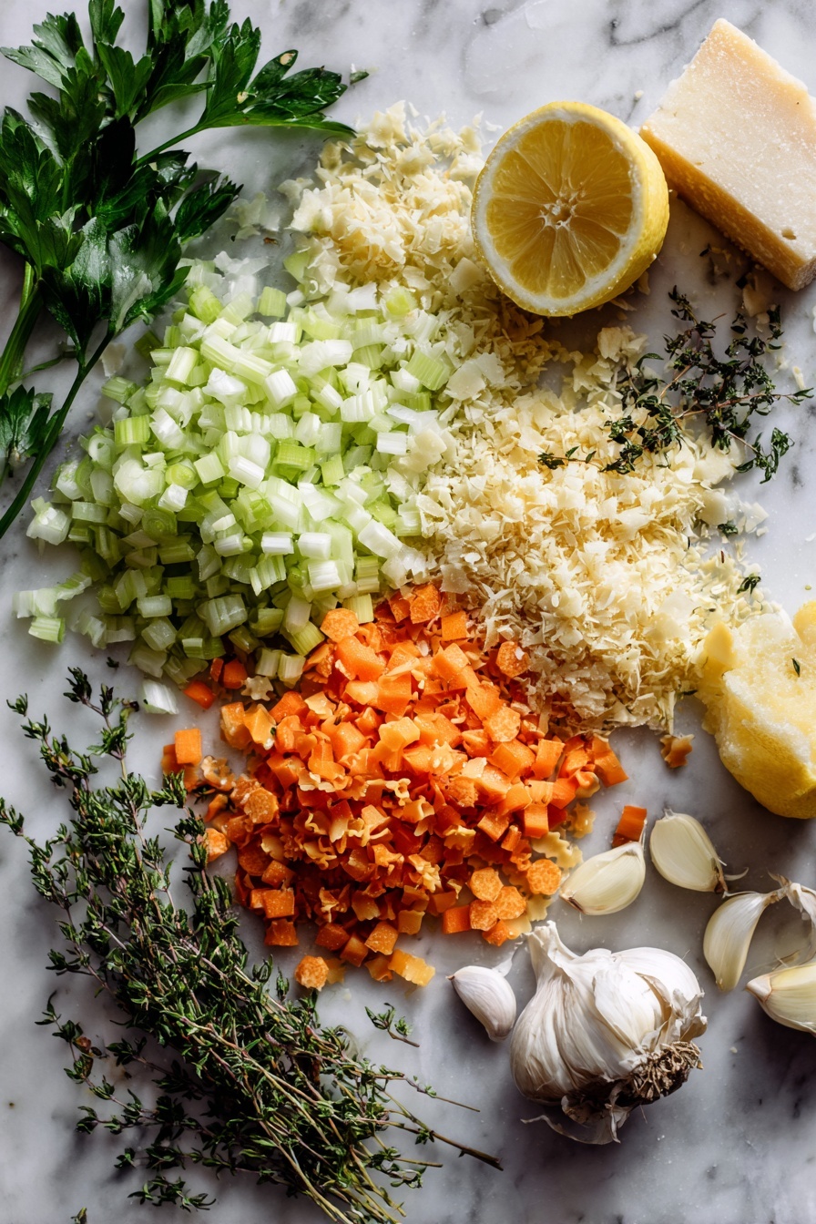 Italian Pastina Soup, Italian Pastina Soup Recipe, comfort soups, easy Italian soup, quick pasta soup - Flat lay of finely diced celery, carrot, and onion, whole garlic cloves, fresh thyme sprigs, uncooked pastina pasta, fresh parsley leaves, a halved lemon, and a wedge of parmesan cheese, all beautifully arranged with vibrant colors and natural textures, placed on a white marble surface, photo taken with an iphone --ar 2:3 --v 7