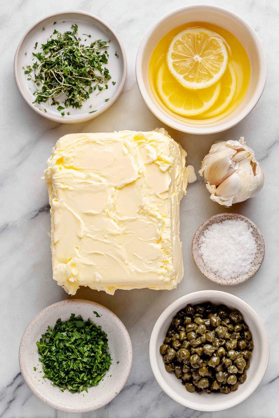 Lemon Caper Sauce, Lemon Caper Sauce recipe, easy lemon caper sauce, tangy butter sauce, versatile seafood sauce - Flat lay of a small mound of unsalted butter, a single small garlic clove, a small white ceramic bowl filled with freshly squeezed lemon juice, a small white ceramic bowl holding green capers, a few sprigs of finely chopped fresh parsley, and a small white ceramic bowl of kosher salt, all arranged with perfect symmetry on a clean white marble surface, soft natural light, photo taken with an iPhone, professional food photography style, fresh ingredients, white ceramic bowls, no bottles, no duplicates, no utensils, no packaging --ar 2:3 --v 7 --p awthu7i m7354615311229779997