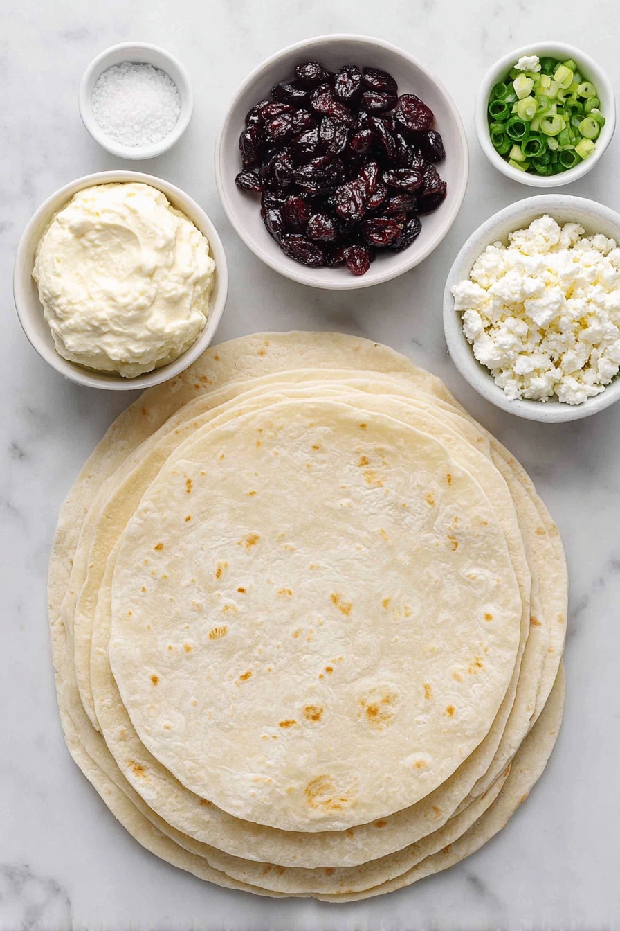 Cranberry Feta Pinwheels with Cream Cheese, holiday appetizer recipes, easy party appetizers, no-bake appetizer ideas, festive cheese and fruit snacks - Flat lay of fresh whole spinach tortillas stacked neatly, a smooth mound of softened cream cheese in a small white ceramic bowl, a small white bowl filled with plump dried cranberries, a small white bowl with crumbled feta cheese, a small white bowl containing freshly sliced green onions, a small white bowl holding fine white sugar crystals, all arranged in perfect symmetry on a clean white marble surface, soft natural light, photo taken with an iPhone, professional food photography style, fresh ingredients, white ceramic bowls, no bottles, no duplicates, no utensils, no packaging --ar 2:3 --v 7 --p awthu7i m7354615311229779997