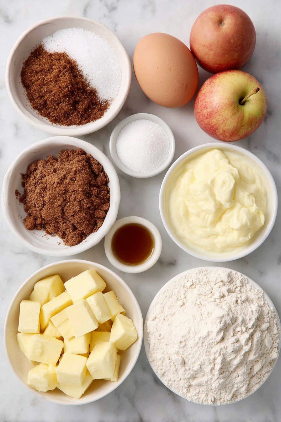 Apple Cinnamon Crumb Muffins, apple cinnamon muffins, cozy breakfast recipes, apple muffin recipe, cinnamon crumb muffins - Flat lay of a small pile of light and dark brown sugar crystals, a small mound of granulated white sugar, a teaspoon of ground cinnamon as a fine powder, a few chunks of unsalted butter melting slightly, a small heap of all-purpose flour, two large whole uncracked brown eggs, a small white bowl filled with creamy plain yogurt, a small white bowl with pale golden milk, two medium peeled and chopped fresh apples with visible skin edges, and a small white bowl containing pure vanilla extract placed on a clean white marble surface, soft natural light, photo taken with an iPhone, professional food photography style, fresh ingredients, white ceramic bowls, no bottles, no duplicates, no utensils, no packaging --ar 2:3 --v 7 --p awthu7i m7354615311229779997