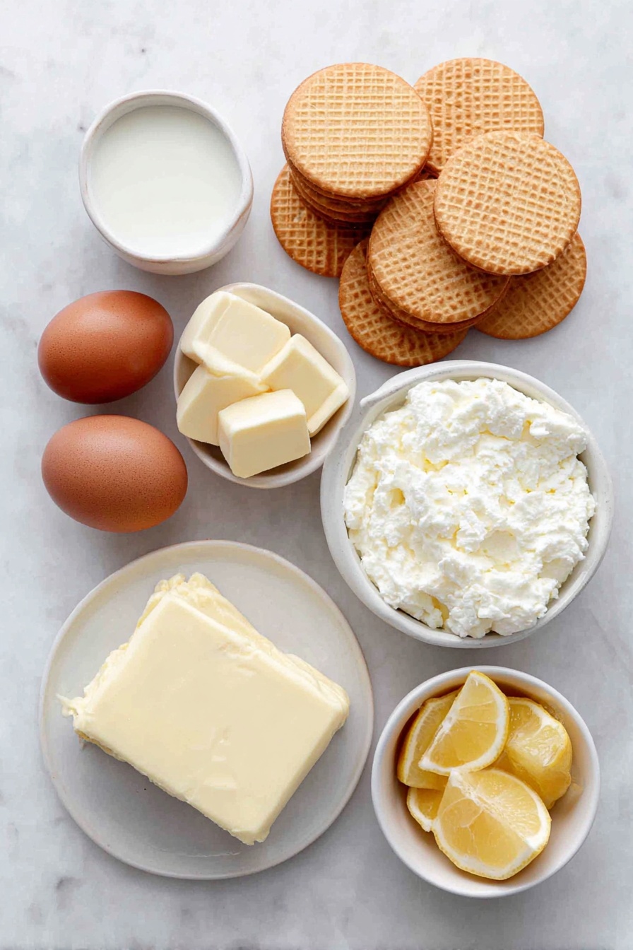 No-Bake Cheesecake with Condensed Milk, easy no-bake cheesecake recipe, creamy cheesecake dessert, no-bake cheesecake ideas, simple cheesecake without oven - Flat lay of whole vanilla wafers arranged in a neat cluster, a few pats of smooth salted butter on a simple white ceramic plate, two uncracked brown eggs with clean shells, a small white ceramic bowl filled with glossy sweetened condensed milk, a block of dense cream cheese with a creamy texture on a white ceramic dish, and a small white ceramic bowl holding fresh lemon wedges, placed on a clean white marble surface, soft natural light, photo taken with an iPhone, professional food photography style, fresh ingredients, white ceramic bowls, no bottles, no duplicates, no utensils, no packaging --ar 2:3 --v 7 --p awthu7i m7354615311229779997