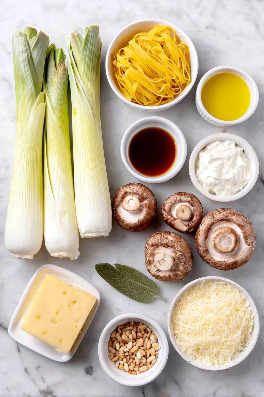 Caramelized Leek and Mushroom Fettuccine, leek and mushroom pasta, creamy vegetable pasta, gourmet fettuccine recipe, easy mushroom leek pasta - Flat lay of fresh sliced pale green leeks, whole oyster mushrooms with smooth caps, a small mound of uncooked yellow fettuccine pasta, a few whole sage leaves, four whole uncracked brown garlic cloves, a small white bowl of golden olive oil, a small white bowl of creamy white butter, a small white bowl of thick heavy cream, a small white bowl of dark balsamic vinegar, a small white bowl of amber sherry wine, a small white bowl of finely grated pale yellow gruyere cheese, a small white bowl of toasted light brown pine nuts, a small white bowl of bright yellow lemon zest, scattered whole black peppercorns, coarse sea salt crystals, all arranged symmetrically and balanced on a clean white marble surface, soft natural light, photo taken with an iPhone, professional food photography style, fresh ingredients, white ceramic bowls, no bottles, no duplicates, no utensils, no packaging --ar 2:3 --v 7 --p awthu7i m7354615311229779997