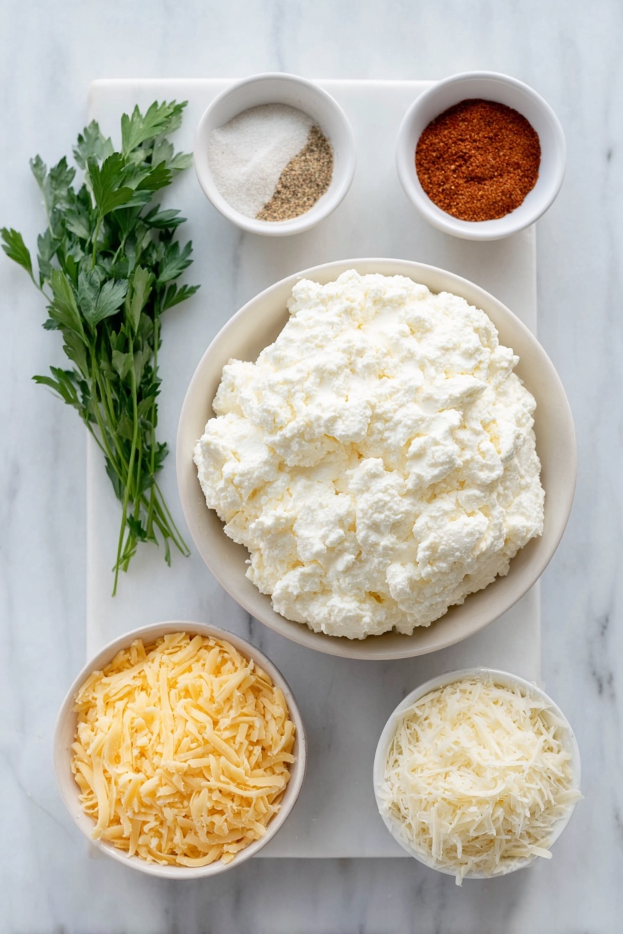 Cottage Cheese Chips, healthy cottage cheese snack, protein-packed chips, crispy cottage cheese snacks, easy healthy snack recipes - Flat lay of a small mound of fresh full-fat cottage cheese, a few sprigs of fresh parsley, a small white ceramic bowl of garlic powder, a small white ceramic bowl of taco seasoning, a small white ceramic bowl of grated cheddar cheese, and a small white ceramic bowl of grated parmesan cheese placed in perfect symmetry around the cottage cheese, all ingredients fresh and natural, arranged on a simple white ceramic tray, placed on a clean white marble surface, soft natural light, photo taken with an iPhone, professional food photography style, fresh ingredients, white ceramic bowls, no bottles, no duplicates, no utensils, no packaging --ar 2:3 --v 7 --p awthu7i m7354615311229779997