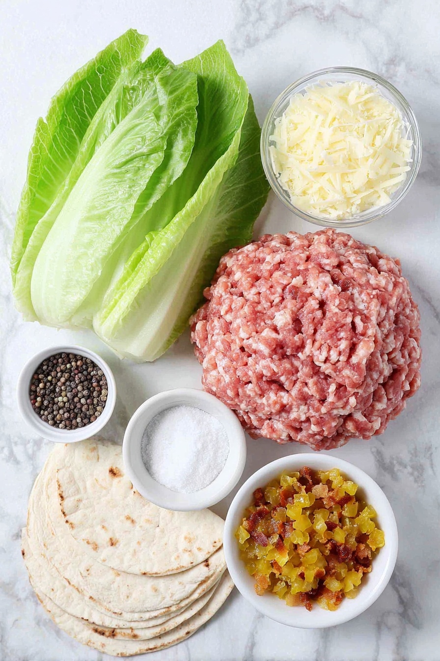 Smash Chicken Caesar Tacos, chicken Caesar tacos, easy chicken tacos, crispy chicken tacos, weeknight taco ideas - Flat lay of fresh ground chicken in a small mound, a small white bowl of garlic powder, a small white bowl of coarse salt, a small white bowl of black peppercorns, a neat stack of small soft flour tortillas, a halved head of crisp romaine lettuce showing vibrant green leaves, a small white bowl filled with creamy Caesar dressing, a small white bowl of finely grated parmesan cheese, and a small white bowl with golden crispy bacon bits, all arranged in perfect symmetry on a clean white marble surface, soft natural light, photo taken with an iPhone, professional food photography style, fresh ingredients, white ceramic bowls, no bottles, no duplicates, no utensils, no packaging --ar 2:3 --v 7 --p m7354615311229779997