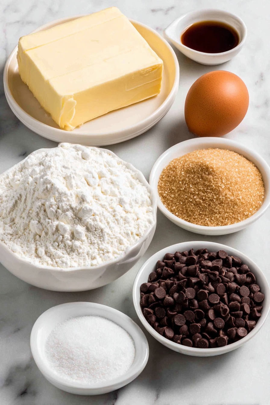 Chocolate Chip Cookie Cake, Cookie Cake Recipe, Easy Cookie Cake, Ultimate Cookie Cake, Chocolate Chip Dessert - Flat lay of room-temperature unsalted butter in a large white ceramic bowl, packed light brown sugar in a small white ceramic bowl, one whole large brown egg and one white egg yolk on a white ceramic dish, pure vanilla extract in a small white ceramic bowl, all-purpose flour in a simple white ceramic bowl, fine cornstarch in a small white ceramic bowl, baking soda in a small white ceramic bowl, fine salt in a small white ceramic bowl, semi-sweet chocolate chips scattered naturally on a white ceramic plate, placed on a clean white marble surface, soft natural light, photo taken with an iPhone, professional food photography style, fresh ingredients, white ceramic bowls, no bottles, no duplicates, no utensils, no packaging --ar 2:3 --v 7 --p m7354615311229779997