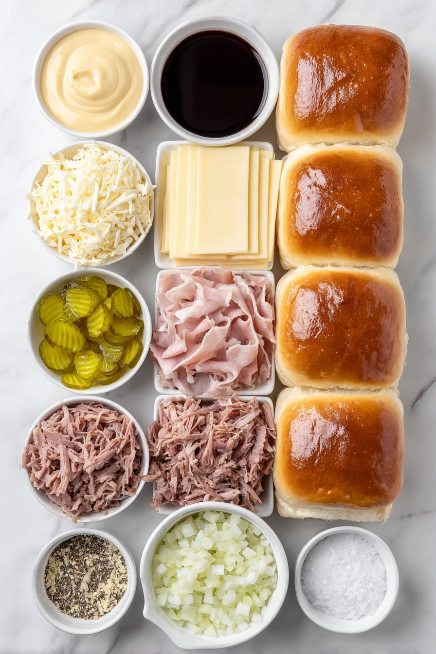 Cuban Pork Sliders, Cuban Pork Sliders Recipe, easy Cuban sliders, pulled pork sliders, party sliders - Flat lay of a stack of twelve glossy Hawaiian sweet dinner rolls, a small white ceramic bowl with smooth Dijon-style mustard, a small white ceramic bowl holding dark Worcestershire sauce, thinly sliced delicate pink deli ham arranged neatly, a mound of tender pulled pork with a rich, juicy texture, twelve slices of pale yellow Swiss cheese laid flat, a simple white ceramic bowl filled with bright green dill pickle chips, a small white ceramic bowl containing melted golden butter, a small white ceramic bowl with dried minced garlic flakes, a small white ceramic bowl with dried minced onion flakes, a small white ceramic bowl with tiny black poppy seeds, and a small white ceramic bowl holding large flaky sea salt crystals, all arranged symmetrically on a clean white marble surface, soft natural light, photo taken with an iPhone, professional food photography style, fresh ingredients, white ceramic bowls, no bottles, no duplicates, no utensils, no packaging --ar 2:3 --v 7 --p m7354615311229779997