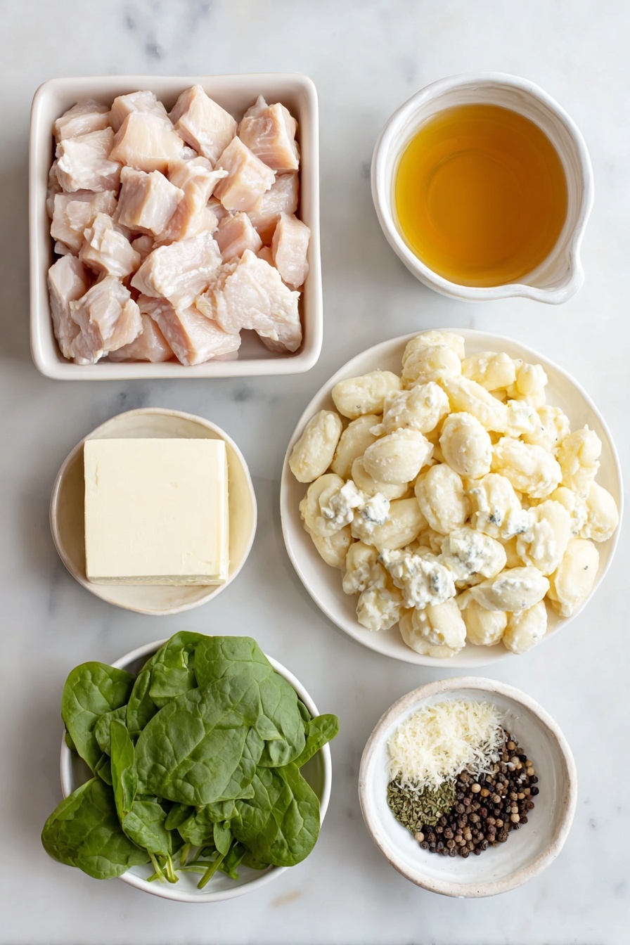 Creamy Chicken Gnocchi Skillet, creamy chicken gnocchi, easy chicken gnocchi dinner, quick one-pan chicken pasta, comforting skillet recipes - Flat lay of a small white ceramic bowl of golden olive oil, a pat of unsalted butter on a white ceramic plate, diced raw chicken breast pieces arranged neatly on a simple white ceramic dish, four whole garlic cloves unpeeled placed beside a small white bowl of dry white wine, a small white bowl containing mixed Italian herbs, a small white bowl filled with clear chicken stock, a block of fresh cream cheese on a white ceramic plate, a mound of fresh gnocchi arranged on a white ceramic dish, a handful of bright baby spinach leaves loosely spread, a small white bowl with finely grated Parmesan cheese, and a small pile of whole black peppercorns all placed on a clean white marble surface, soft natural light, photo taken with an iPhone, professional food photography style, fresh ingredients, white ceramic bowls, no bottles, no duplicates, no utensils, no packaging --ar 2:3 --v 7 --p m7354615311229779997