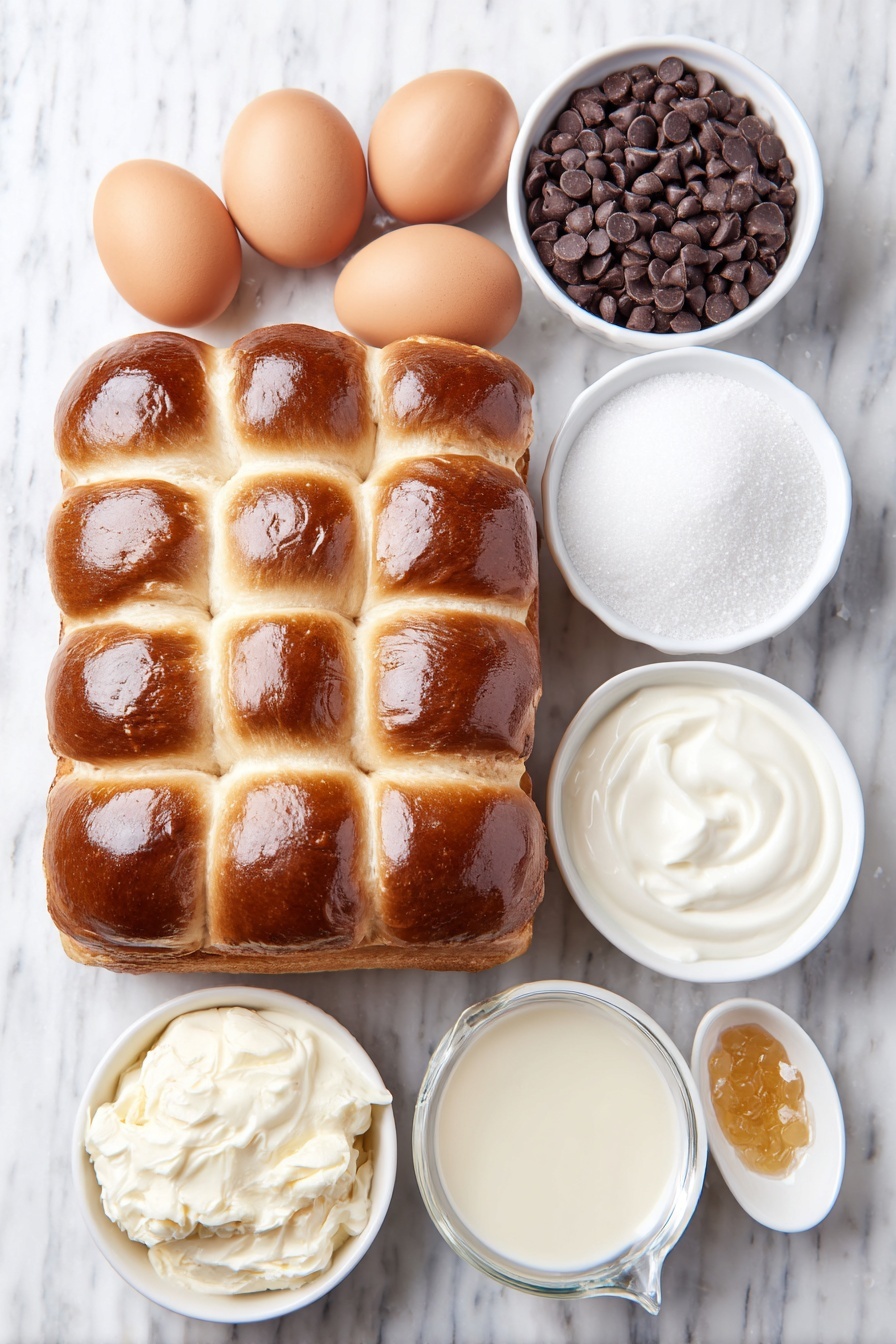 Tres Leches Bread Pudding with Chocolate Chips, Tres Leches Bread Pudding, Bread Pudding with Chocolate Chips, Easy Tres Leches Dessert, Moist Brioche Bread Pudding - Flat lay of a loaf of brioche bread cut into cubes arranged neatly, seven whole uncracked brown eggs with clean shells, a small white bowl of semi-sweet chocolate chips, a small white bowl filled with granulated sugar, a small white bowl with thick sweetened condensed milk, a small white bowl with smooth evaporated milk, a small white bowl of whole milk, a small white bowl of golden vanilla extract, and a few grains of sea salt scattered delicately next to a small white bowl, placed on a clean white marble surface, soft natural light, photo taken with an iPhone, professional food photography style, fresh ingredients, white ceramic bowls, no bottles, no duplicates, no utensils, no packaging --ar 2:3 --v 7 --p m7354615311229779997