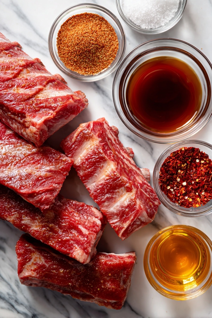 Crockpot Ribs, slow cooker ribs recipe, easy ribs dinner, tender ribs in slow cooker, smoky ribs recipe - Flat lay of fresh St. Louis-style pork spareribs with rich marbling, vibrant red smoked paprika powder, golden brown coarse brown sugar crystals, coarse white kosher salt, deep black ground pepper, bright red crushed red pepper flakes, a small clear glass bowl of dark reddish-brown BBQ sauce with glossy texture, and a small clear glass container of pale amber apple cider vinegar, all beautifully arranged with contrasting colors and textures, placed on white marbled surface, photo taken with an iphone --ar 2:3 --v 7