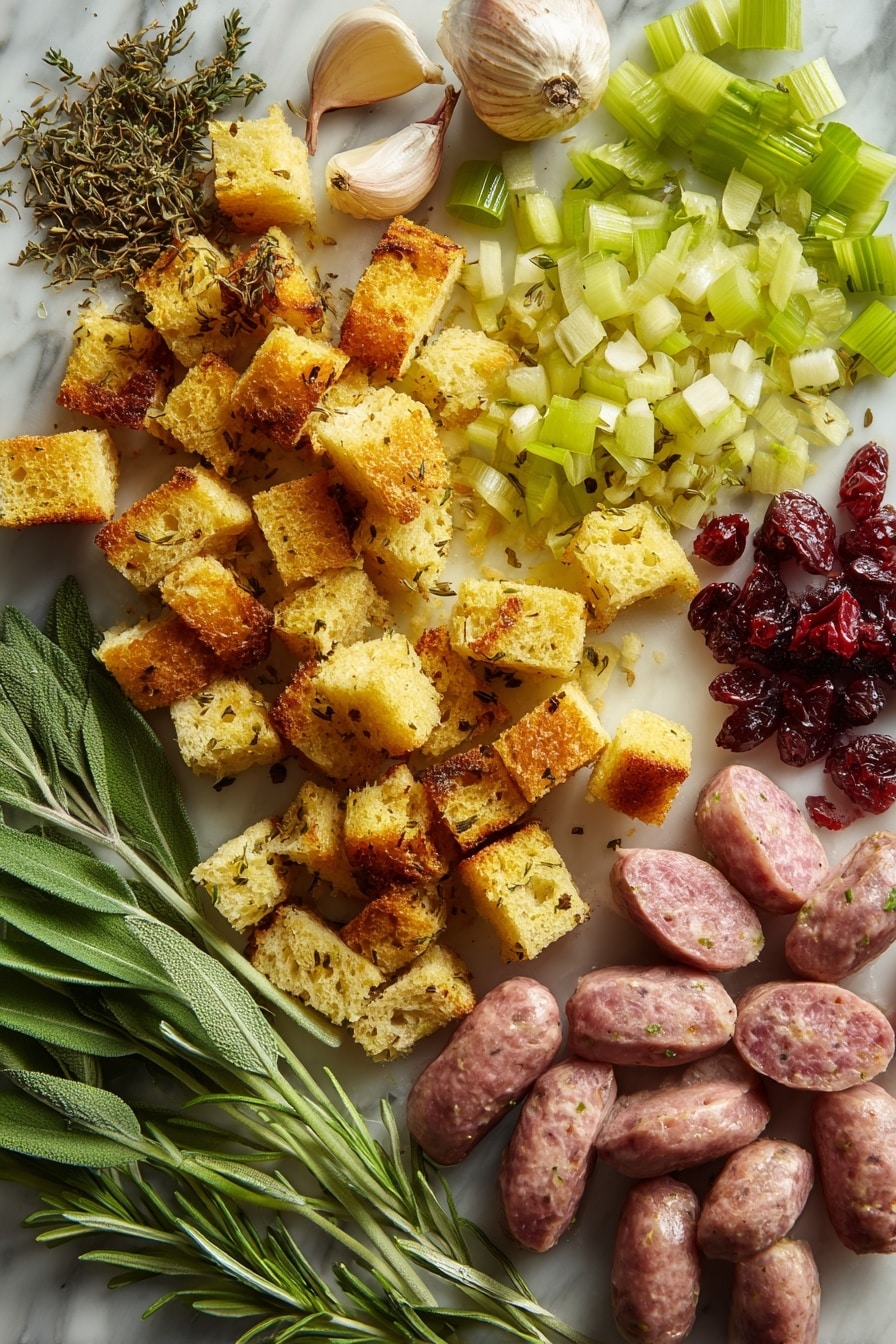 Sausage & Herbed Bread Stuffing, savory sausage stuffing, holiday bread stuffing, herb-infused stuffing recipe, cranberry bread stuffing - Flat lay of roughly chopped golden toasted bread cubes with a crispy texture, fresh plump Italian sausage links in their natural pinkish-beige color with specks of herbs, finely chopped translucent yellow onions, bright green celery stalks sliced into small pieces, peeled large garlic cloves with smooth white surfaces, vibrant green flat-leaf parsley leaves alongside fresh sage and rosemary sprigs showcasing textured, needle-like leaves, small clusters of deep red dried cranberries with a wrinkled surface, all arranged naturally with some herbs sprinkled loosely, placed on white marbled surface, photo taken with an iphone --ar 2:3 --v 7