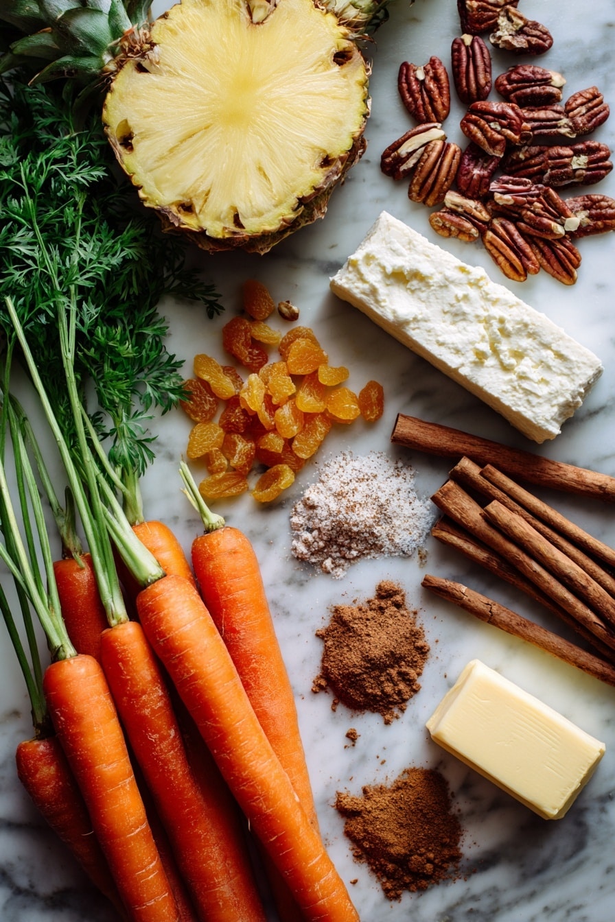 Classic Carrot Cake with Cream Cheese Frosting, homemade carrot cake, best carrot cake recipe, easy carrot cake with cream cheese frosting, moisture-rich carrot cake - Flat lay of fresh bright orange whole carrots with leafy green tops, a small pile of light brown crushed pecans, golden raisins scattered nearby, a halved ripe pineapple showing juicy yellow flesh, a smooth block of creamy white cream cheese, a stick of pale yellow butter, whole cinnamon sticks with warm reddish-brown tones, and small piles of ground cinnamon and nutmeg powders in soft brown shades, all beautifully arranged with natural textures and rich colors, placed on white marbled surface, photo taken with an iphone --ar 2:3 --v 7