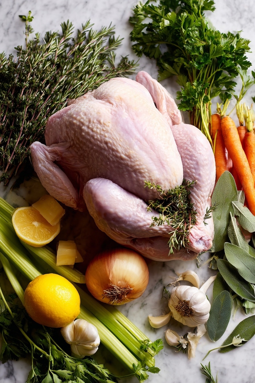 The Best Thanksgiving Turkey, Thanksgiving turkey recipe, juicy roasted turkey, flavorful turkey for Thanksgiving, holiday turkey centerpiece - Flat lay of a whole raw turkey with pale pink skin, surrounded by fresh herbs including vibrant green parsley, thyme, rosemary, and sage sprigs, a bright yellow lemon with textured skin and fresh zest curls, a medium yellow onion quartered to show its layers, deep orange carrot chunks with a smooth matte surface, and crisp celery stalks cut into thirds revealing their fibrous interior, all arranged naturally with scattered bay leaves and whole garlic cloves showing their papery white skins, placed on white marbled surface, photo taken with an iphone --ar 2:3 --v 7