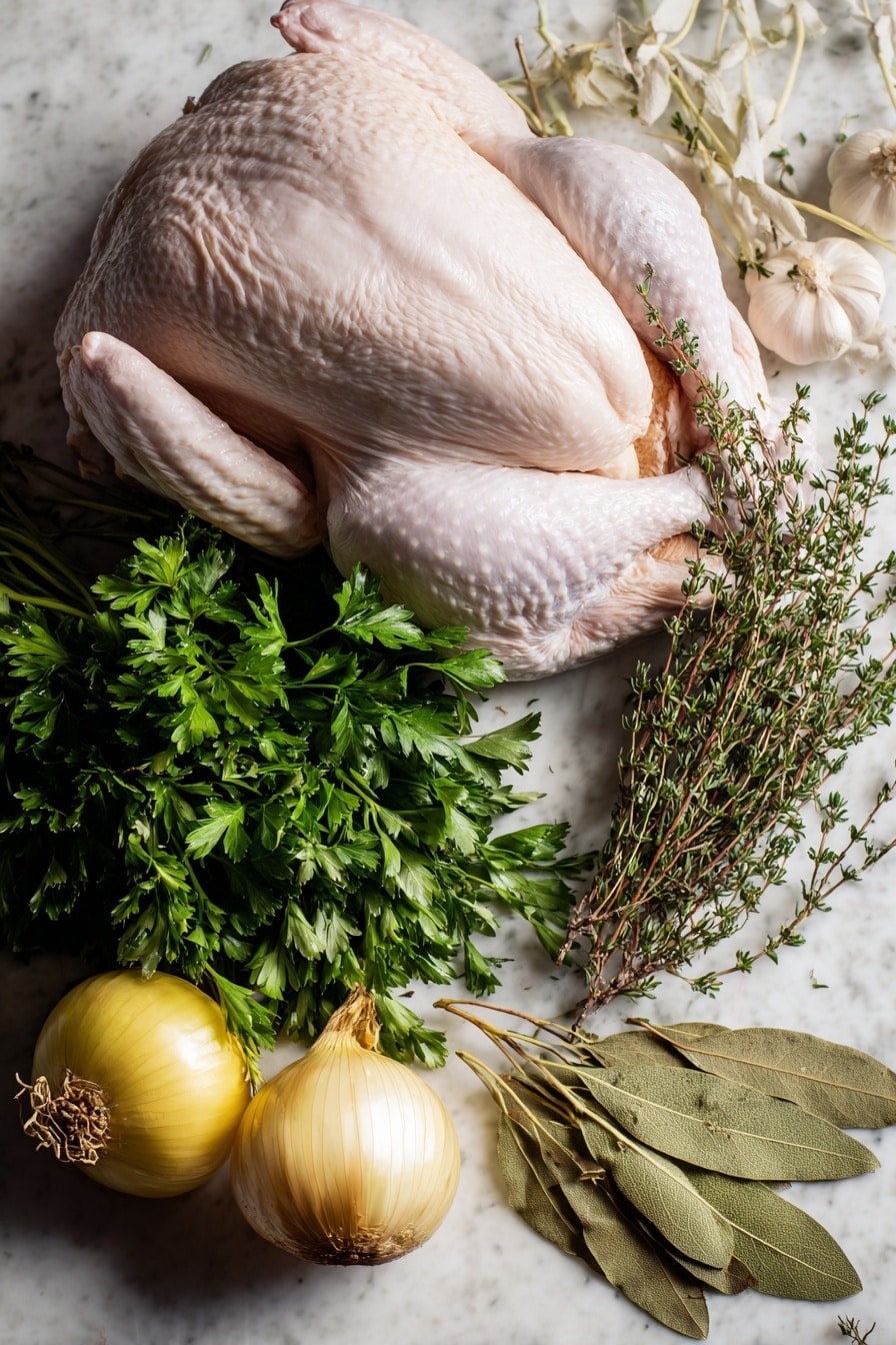 Roasted Herb Butter Turkey, herb butter turkey, juicy roast turkey, holiday turkey recipe, flavorful turkey centerpiece - Flat lay of fresh whole turkey with smooth pale skin, a small bunch of vibrant green Italian parsley with delicate leaves, fresh thyme sprigs showing tiny green leaves on woody stems, a bright yellow quartered onion revealing its crisp layers, a head of garlic cut in half showcasing creamy white cloves with papery skin, and dried bay leaves with deep olive-green color and leathery texture, all naturally arranged with their colors and textures contrasting beautifully, placed on white marbled surface, photo taken with an iphone --ar 2:3 --v 7