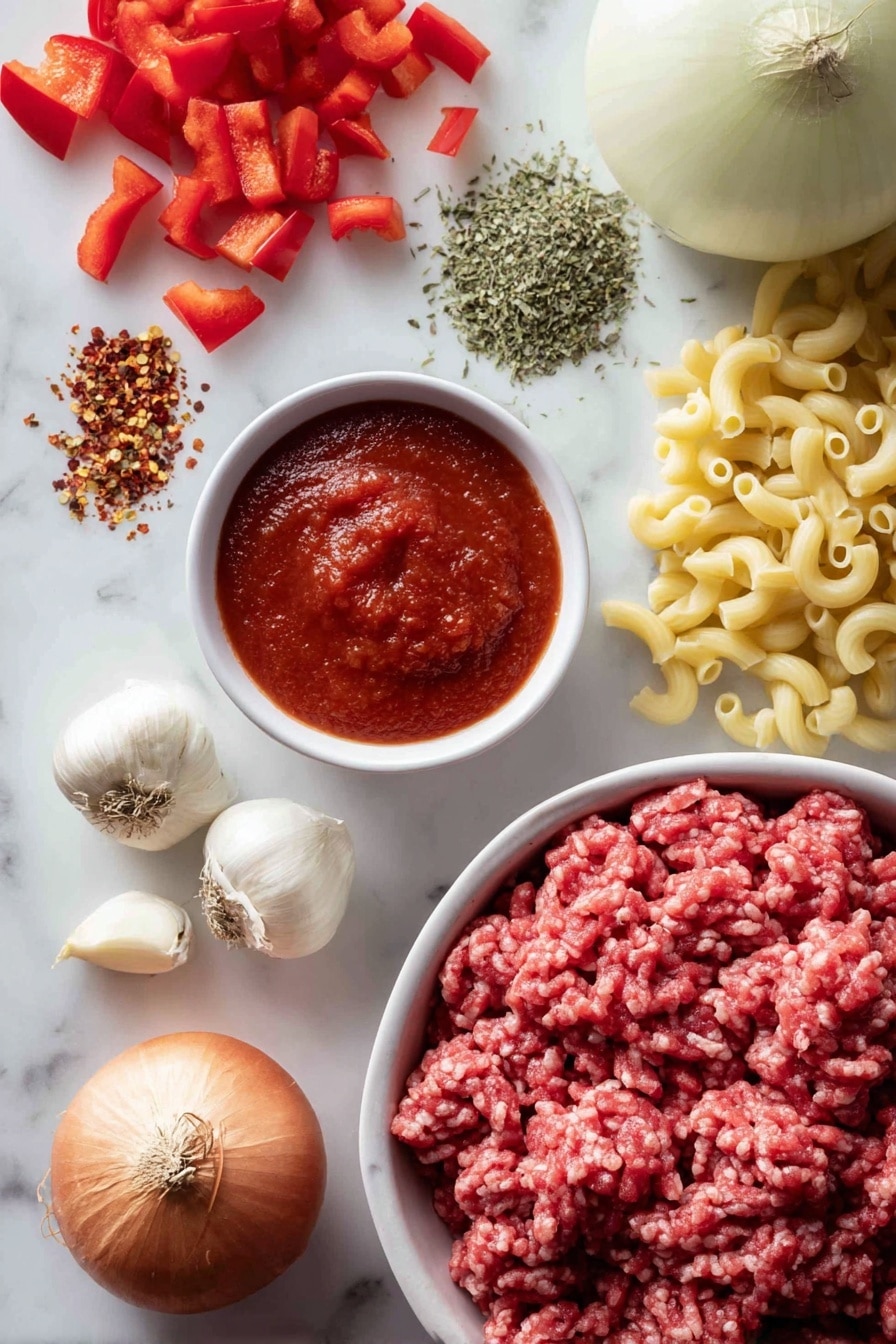 Healthier Slow Cooker Hamburger Helper, healthy comfort food, easy slow cooker dinner, wholesome ground beef recipes, kid-friendly slow cooker meals - Flat lay of fresh lean ground beef with deep red color and fine texture, a halved medium onion showing its crisp white layers, bright red diced bell pepper pieces, two cloves of peeled garlic with smooth creamy white surfaces, a small bowl of rich red tomato pasta sauce with visible herbs, a scattering of dry uncooked elbow macaroni in pale yellow tones, fresh green Italian seasoning herbs sprinkled gently, and a few vibrant red pepper flakes adding color contrast, all arranged naturally and invitingly on a white marbled surface, photo taken with an iphone --ar 2:3 --v 7