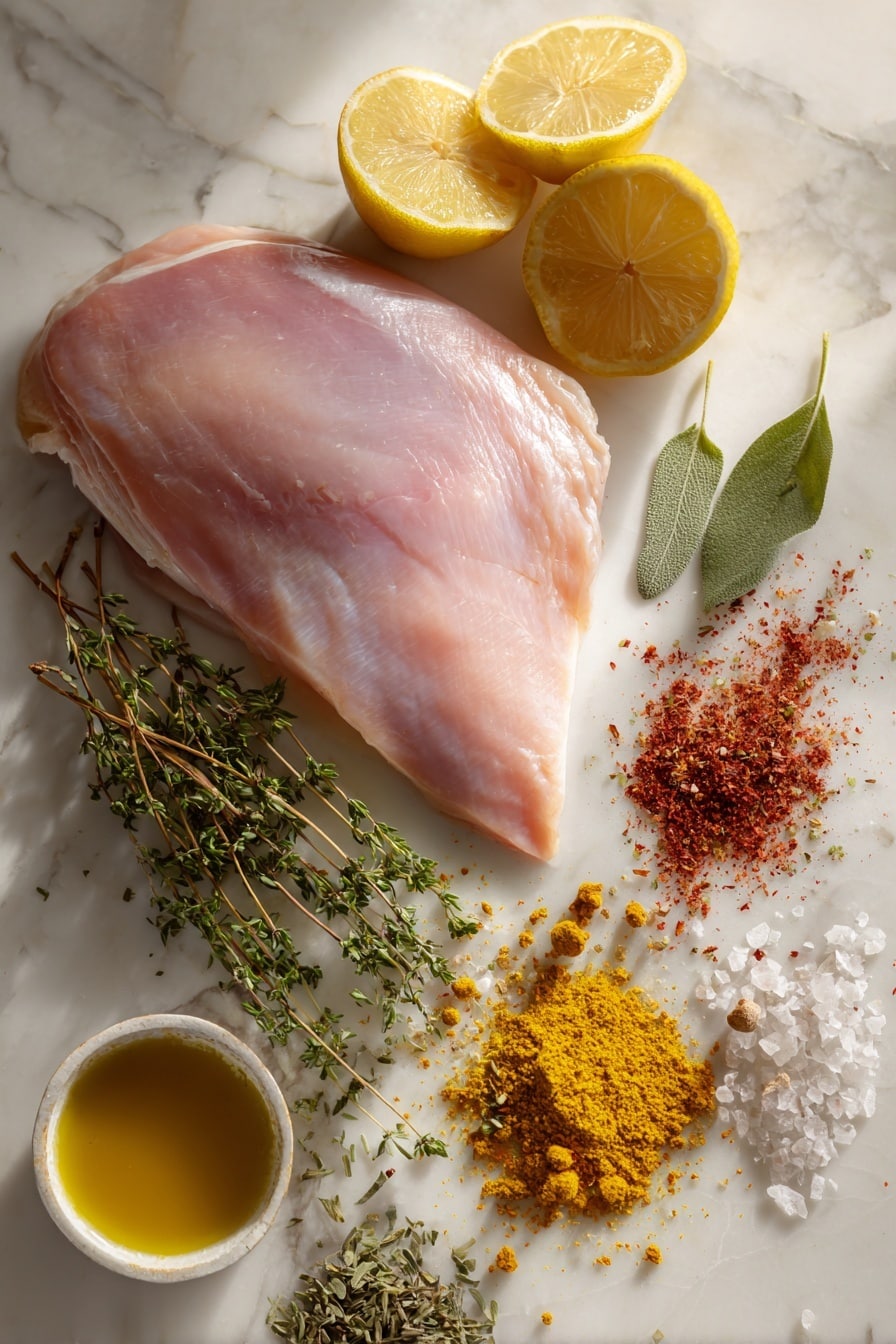 Perfect Smoked Turkey Breast, smoked turkey breast seasoning, smoky turkey breast recipe, juicy smoked turkey, easy smoked turkey breast - Flat lay of a large raw turkey breast with smooth pale pink skin, fresh lemon halves with bright yellow flesh, vibrant green sprigs of dried thyme and sage, small piles of red chili powder and smoked paprika with fine textures, coarse garlic salt crystals, and a small pool of golden melted butter, all arranged naturally with some spices gently scattered around, placed on white marbled surface, photo taken with an iphone --ar 2:3 --v 7