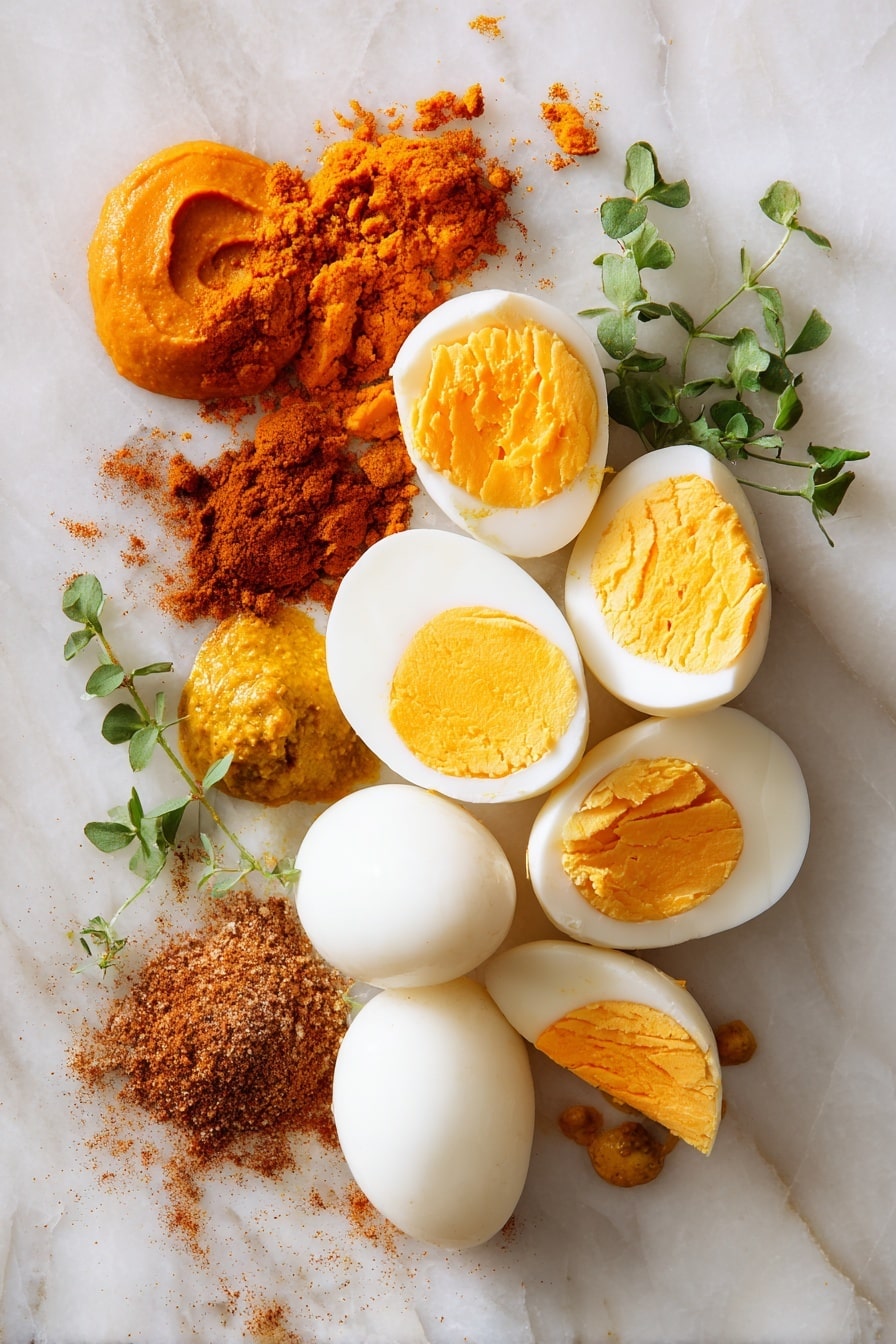Pumpkin Devilled Eggs, Fall Devilled Eggs, Seasonal Appetizer, Easy Pumpkin Snack, Holiday Egg Hors d'oeuvre - Flat lay of halved hard boiled eggs with smooth white egg whites and bright yellow yolks, a small mound of rich orange pumpkin puree with a velvety texture, vibrant golden mustard dollops, a scattering of warm brownish-red paprika powder, and a small pile of mixed pumpkin spice with warm earthy tones, all neatly arranged in natural clusters with some fresh green herbs subtly placed for contrast, placed on white marbled surface, photo taken with an iphone --ar 2:3 --v 7