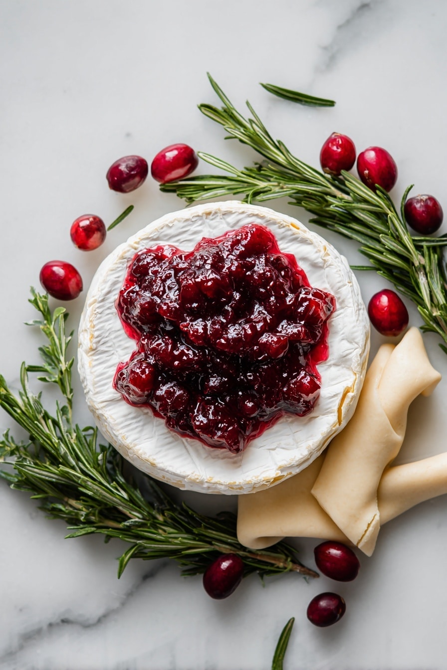 Cranberry Brie Bites, Cranberry Brie Appetizer, Easy Cranberry Brie Bites, Holiday Cranberry Brie Bites, Party Cranberry Brie Snacks - Flat lay of a whole wheel of creamy brie cheese with its soft white rind, a generous spoonful of glossy, deep red whole berry cranberry sauce with visible berries, fresh vibrant green rosemary sprigs with needle-like leaves, and smooth pale beige crescent dough sheet partly unrolled showing its soft, pliable texture, all beautifully arranged with natural spacing and slight overlaps to highlight textures and colors, placed on white marbled surface, photo taken with an iphone --ar 2:3 --v 7
