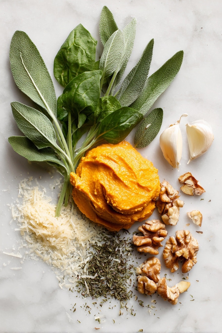 Pumpkin Pasta, Pumpkin Pasta Recipe, Cozy Pumpkin Pasta, Fall Pasta Dish, Easy Pumpkin Pasta - Flat lay of bright orange pumpkin purée in a smooth dollop, fresh vibrant green spinach leaves scattered naturally, whole sage leaves with their soft fuzzy texture and muted green color, a small pile of chopped light brown walnuts with rough edges, glossy dark green roasted pepitas clustered together, peeled garlic cloves showing their creamy white surface, a handful of pale yellow grated parmesan shreds lying loosely, and dried sage powder sprinkled subtly, all beautifully arranged with natural spacing and contrast, placed on white marbled surface, photo taken with an iphone --ar 2:3 --v 7