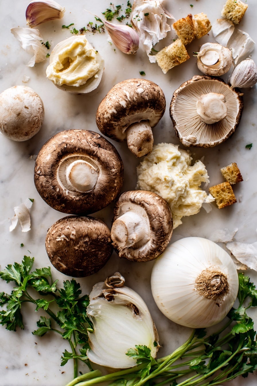 Creamy Mushroom Soup with Croutons and Fresh Herbs, mushroom soup recipe, creamy mushroom soup, homemade mushroom soup, comforting mushroom soup - Flat lay of fresh white button mushrooms and Swiss brown cremini mushrooms, their smooth caps and textured gills creating a natural mix of creamy white and rich brown tones; a halved and whole onion showing crisp white layers with light purple skin; peeled garlic cloves with their papery skins curling gently; a small bunch of bright green parsley with delicate leaves; a dollop of thick, creamy crème fraiche with a soft, velvety texture; golden-brown toasted croutons casting warm hues and crunchy edges; all arranged organically with some loose mushroom slices and scattered parsley leaves, placed on white marbled surface, photo taken with an iphone --ar 2:3 --v 7