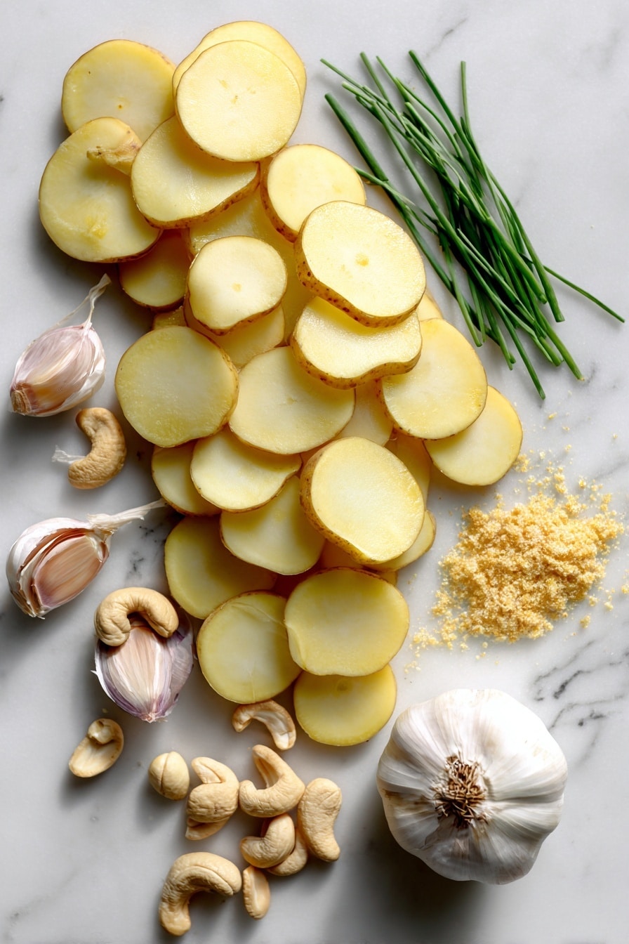 Vegan Scalloped Potatoes, dairy-free scalloped potatoes, vegan potato casserole, plant-based scalloped potatoes, vegan comfort food - Flat lay of golden Yukon gold potatoes sliced thinly with smooth pale yellow skin, raw cashews creamy beige in color, a handful of bright green fresh chives finely chopped, a large glossy white onion with delicate purple edges, plump garlic cloves with their papery white skins slightly peeled back, and a small mound of pale golden nutritional yeast flakes, all naturally arranged with some cashews spilling gently, scattered chives, and sliced potatoes layered loosely, placed on white marbled surface, photo taken with an iphone --ar 2:3 --v 7
