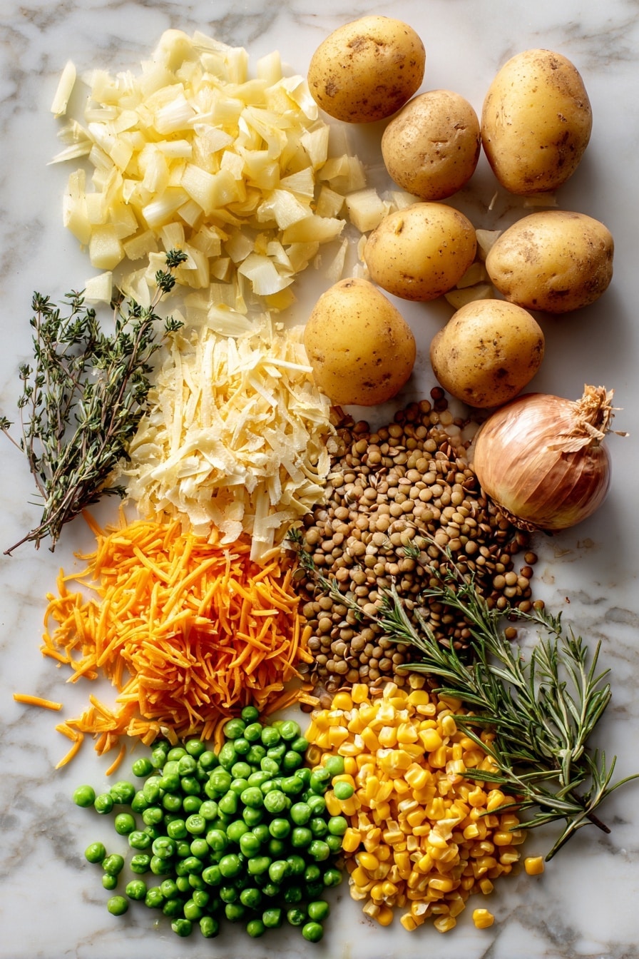 Lentil Shepherd’s Pie with Cheesy Mashed Potatoes, hearty vegetarian shepherd’s pie, vegan shepherd’s pie recipe, comfort food lentil dish, cheesy mashed potato casserole - Flat lay of peeled russet potatoes with a rough, starchy texture, bright yellow diced onion pieces, smooth garlic cloves with papery skins, cooked brown lentils with a soft, round shape, vibrant green frozen peas mixed with small, bright orange carrot chunks, plump golden yellow corn kernels, fresh sprigs of dried rosemary and thyme displaying delicate needle-like leaves and tiny rounded leaves in earthy green hues, sprinkled with shredded vegan cheddar cheese in rich orange-yellow strands, all arranged naturally and invitingly with some ingredients overlapping gently, placed on white marbled surface, photo taken with an iphone --ar 2:3 --v 7