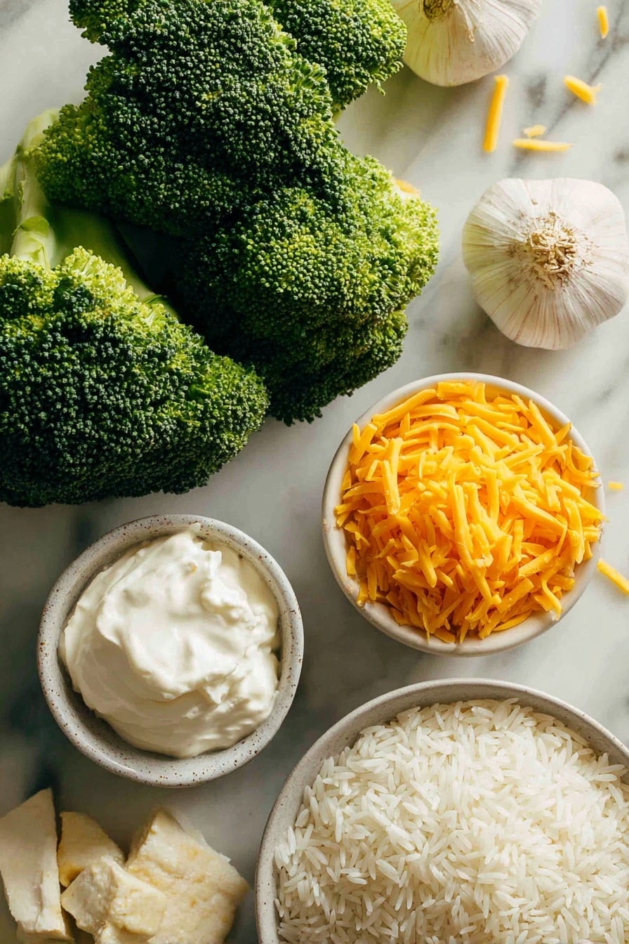 Cheesy Broccoli Rice Vegan Casserole, vegan broccoli rice bake, plant-based cheesy casserole, vegan comfort food recipes, easy vegan healthy dinner - Flat lay of vibrant green broccoli florets with rich texture, plump white long grain rice grains scattered softly nearby, tender pieces of golden-brown vegan chicken with a slightly crispy surface, four cloves of fresh garlic with papery white skins, a small mound of bright orange vegan shredded cheddar cheese with a delicate melt-ready texture, creamy off-white vegan cream in a smooth dollop, all naturally arranged with gentle overlaps and soft shadows, placed on white marbled surface, photo taken with an iphone --ar 2:3 --v 7