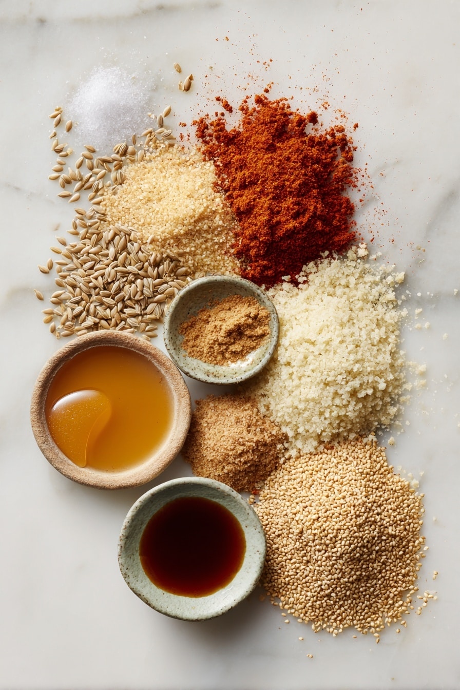 Vegan Breakfast Sausage, plant-based sausage patties, vegan breakfast ideas, homemade vegan sausage, meatless breakfast recipes - Flat lay of textured vegetable protein chunks soaking in warm golden vegetable broth, scattered fennel seeds with their tiny oval shapes, vibrant rusty red smoked paprika powder dusted lightly, smooth piles of pale beige onion and garlic powders, small heap of rich brown soy sauce glistening in a drop, golden ground flaxseeds showing their fine grainy texture, soft fluffy white panko breadcrumbs, and a small amber pool of pure maple syrup catching light, all beautifully arranged with natural spacing and gentle overlaps, placed on white marbled surface, photo taken with an iphone --ar 2:3 --v 7