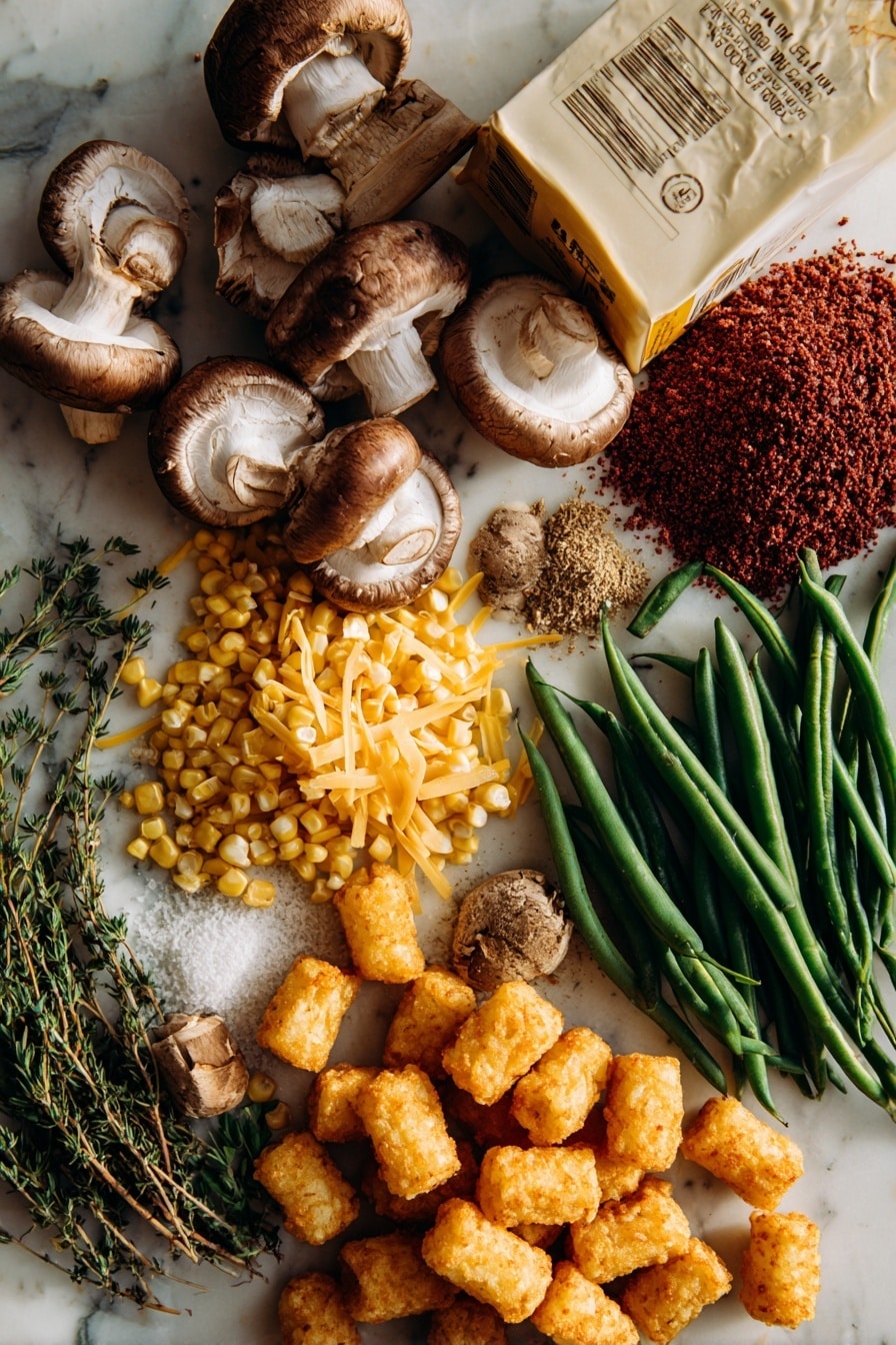 Vegan Tater Tot Casserole with Impossible Meat, Vegan Tater Tot Casserole, Vegan Comfort Food, Plant-Based Tater Tot Bake, Vegan Mushroom Tater Tot Dish - Flat lay of fresh cremini mushrooms with rich brown caps and creamy white stems, bright yellow corn kernels scattered in a small pile, vibrant green beans with smooth surfaces and crisp ends, a block of golden vegan cheddar cheese shreds loosely gathered, a mound of textured Impossible brand vegan ground beef in deep reddish-brown hues, raw golden tater tots with crisp potato texture, a smooth coconut milk carton partially opened showing white creamy liquid, and sprigs of dried oregano and ground cumin spices in small neat heaps, all naturally arranged with gentle overlaps and shadows emphasizing their fresh textures, placed on white marbled surface, photo taken with an iphone --ar 2:3 --v 7