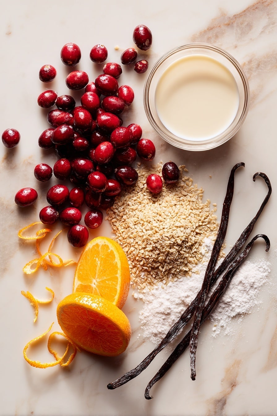 Cranberry Orange Bread, Cranberry Orange Bread with Orange Glaze, citrus cranberry loaf, holiday breakfast bread, easy citrus bread recipe - Flat lay of fresh whole cranberries with their deep red color and glossy texture, a bright orange with vibrant zest and juicy wedges, a small pile of golden ground flaxseeds showing their grainy texture, a light sprinkling of white all-purpose flour, a smooth pool of golden canola oil shimmering slightly, a small glass of creamy soy milk with its soft white tone, and a sprig of fresh vanilla bean pods in dark brown, all naturally arranged with some orange zest curls scattered delicately around, placed on white marbled surface, photo taken with an iphone --ar 2:3 --v 7