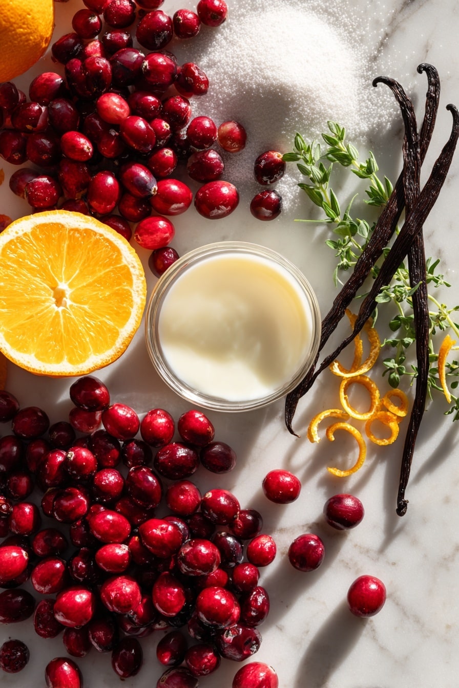 Cranberry Orange Muffins with Orange Glaze, cranberry orange muffin recipe, citrus breakfast muffins, easy cranberry muffins, orange glaze muffin recipe - Flat lay of bright red fresh cranberries scattered next to vibrant orange halves and delicate orange zest curls, smooth pale yellow canola oil glistening in a small natural pool, creamy white soy milk in a subtle splash, a small mound of pure white granulated sugar sparkling softly, warm vanilla beans with their dark brown seeds visible, and a few sprigs of fresh green herbs gently resting nearby, all beautifully arranged with natural light highlighting the textures and colors, placed on white marbled surface, photo taken with an iphone --ar 2:3 --v 7