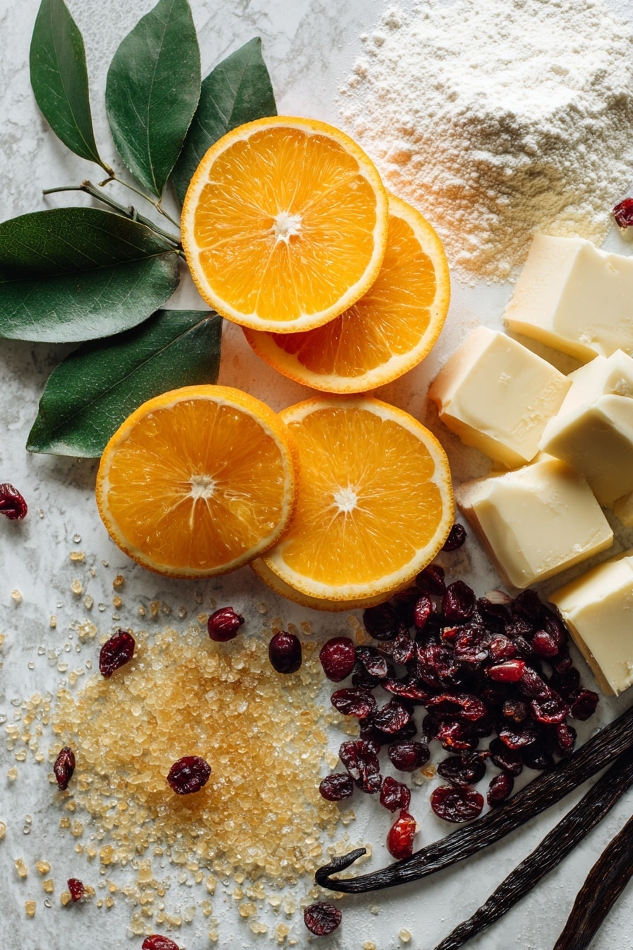 Orange Cranberry Shortbread Cookies, orange cranberry cookies, zesty shortbread recipes, vegan shortbread cookies, holiday cookie recipes - Flat lay of vibrant fresh oranges sliced to show their bright orange flesh, small bunches of glossy dried cranberries scattered naturally, soft blocks of creamy vegan butter with smooth texture, whole vanilla pods with rich dark brown color, vibrant green orange leaves adding a fresh touch, golden granulated sugar crystals glistening in the light, fine white powdered sugar dusted softly nearby, and a small heap of light beige all-purpose flour with a powdery texture, all beautifully arranged with careful spacing and contrasting colors on a white marbled surface, photo taken with an iphone --ar 2:3 --v 7