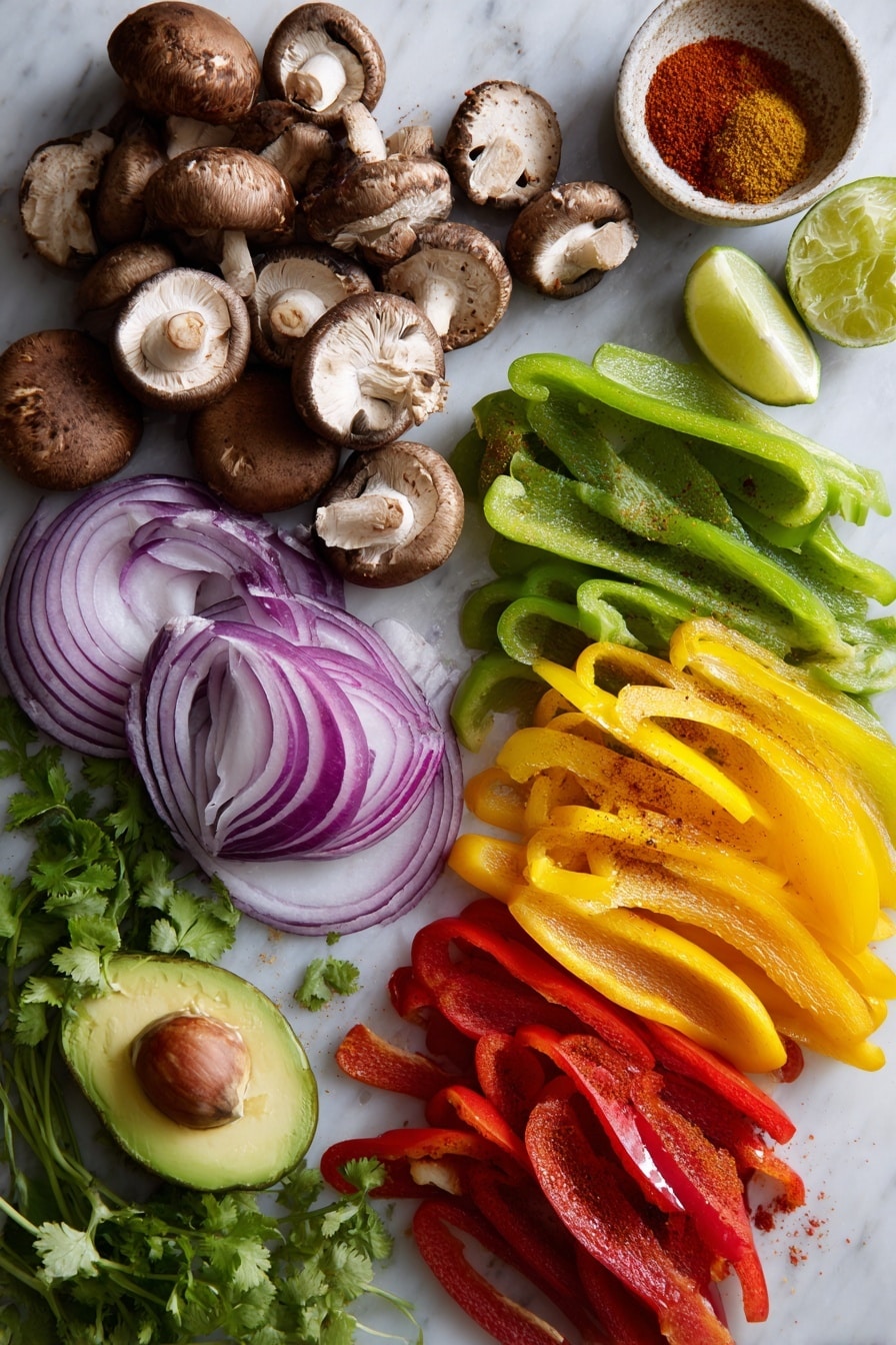 Vegetarian Fajitas, vegetarian fajitas recipe, healthy fajitas, easy veggie fajitas, colorful fajitas - Flat lay of vibrant red, green, and yellow bell peppers sliced into long strips, glossy cremini mushrooms with rich brown caps and smooth texture, thinly sliced red onion rings showing their deep purple and white layers, bright green lime wedges with juicy segments visible, fresh cilantro sprigs with delicate leaves, ripe avocado halves with creamy green flesh, and a small pile of colorful chili powder, ground cumin, and smoked paprika powders in warm red and orange hues artfully scattered, placed on white marbled surface, photo taken with an iphone --ar 2:3 --v 7