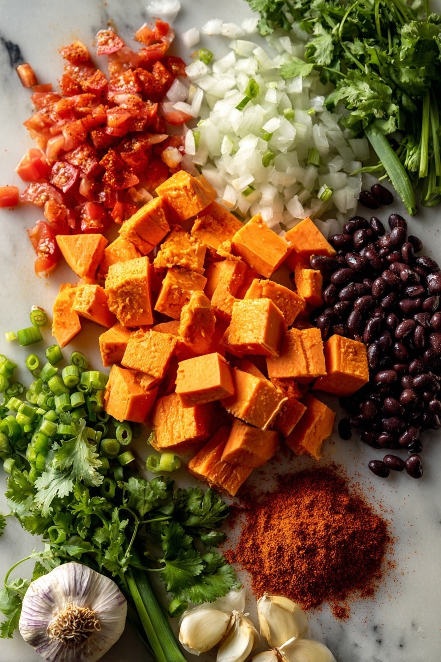 Sweet Potato Black Bean Chili, healthy plant-based chili, hearty vegan chili, easy vegetarian chili, cozy winter chili - Flat lay of bright orange diced sweet potatoes with smooth skin, glossy black beans scattered around, vibrant red diced tomatoes with juicy textures, chopped white onion pieces with delicate layers, fresh green cilantro leaves, thinly sliced green onions with crisp edges, whole garlic cloves with papery skins, and deep red chili powder sprinkled artfully, all arranged naturally to showcase contrasting colors and textures, placed on white marbled surface, photo taken with an iphone --ar 2:3 --v 7